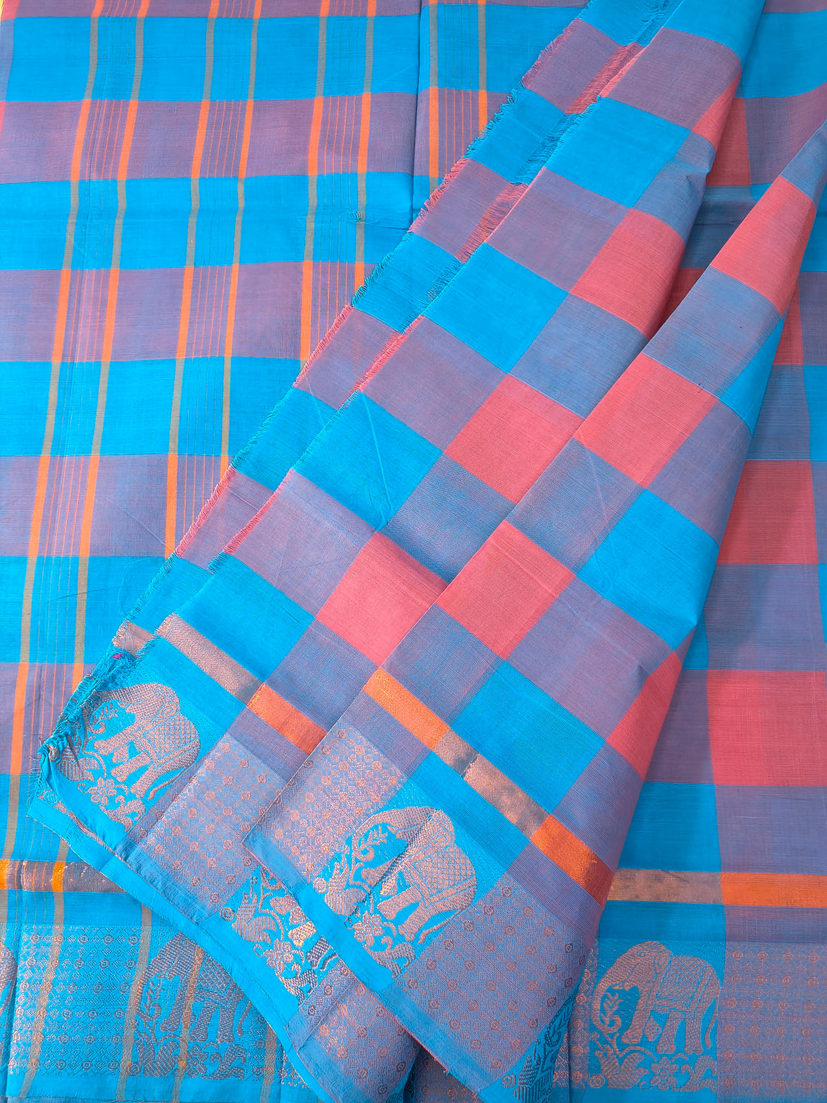 Kandangi Checks -sky blue with peach  - KC132