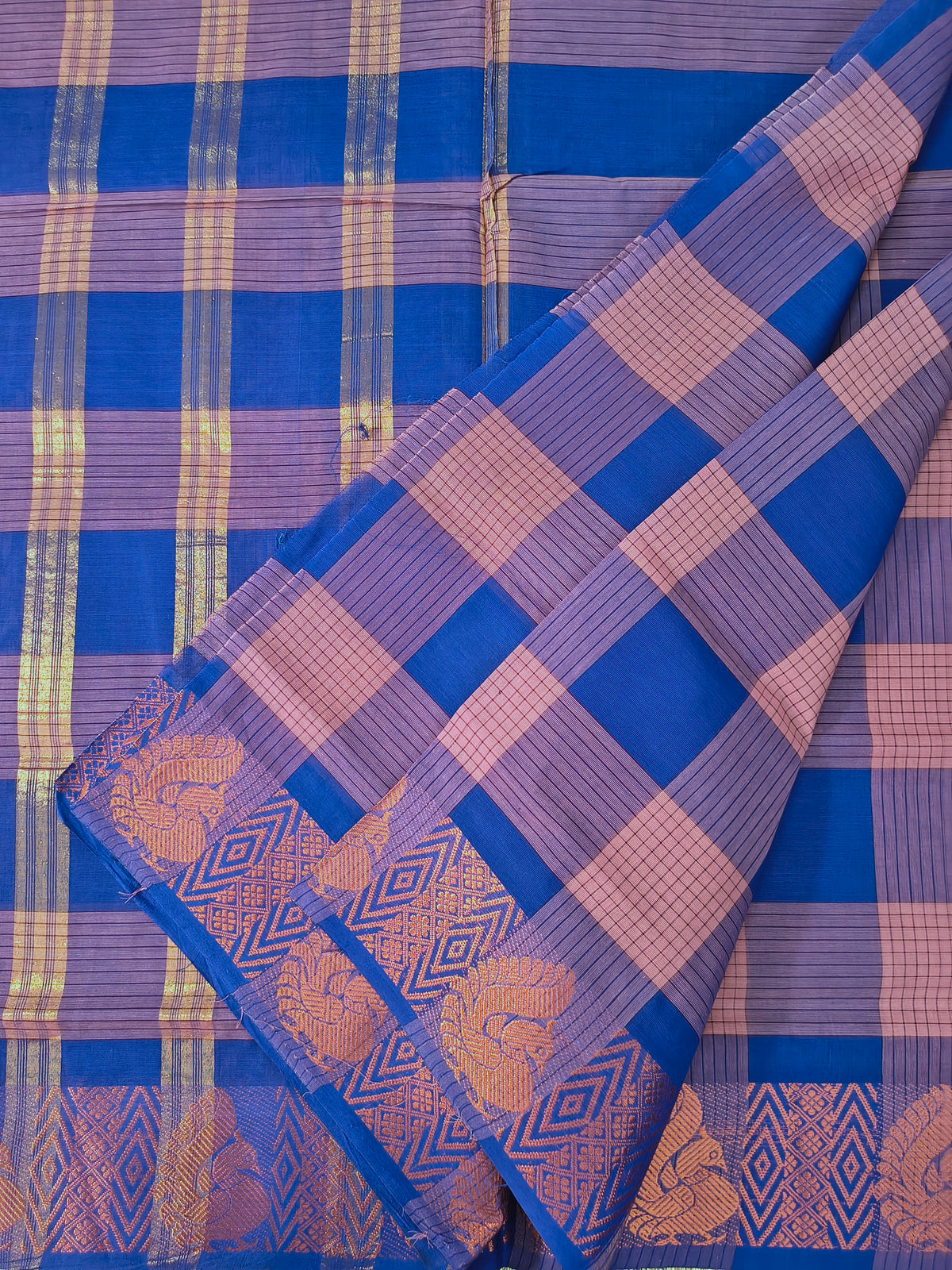 Kandangi Checks -Royal Blue with Dusty Rose Pink  - KC134