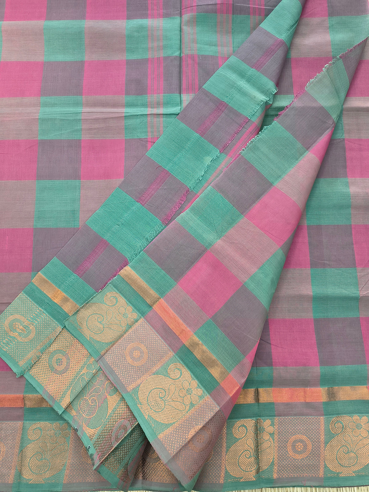 Kandangi Checks-Peacock Green with Magenta Pink - KC160