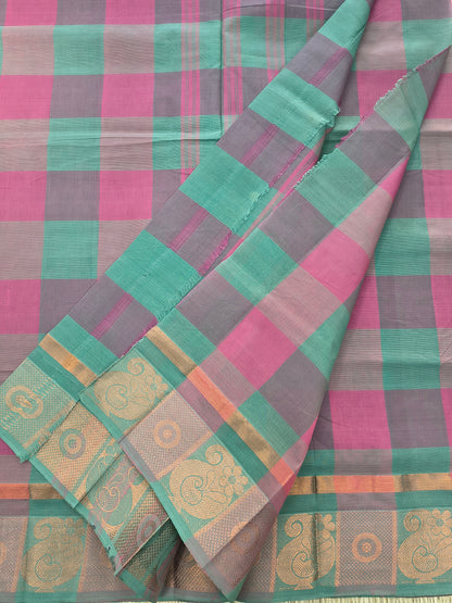 Kandangi Checks-Peacock Green with Magenta Pink - KC160