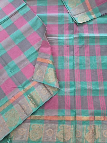 Kandangi Checks-Peacock Green with Magenta Pink - KC160