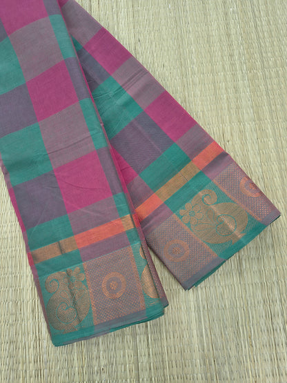Kandangi Checks-Peacock Green with Magenta Pink - KC160
