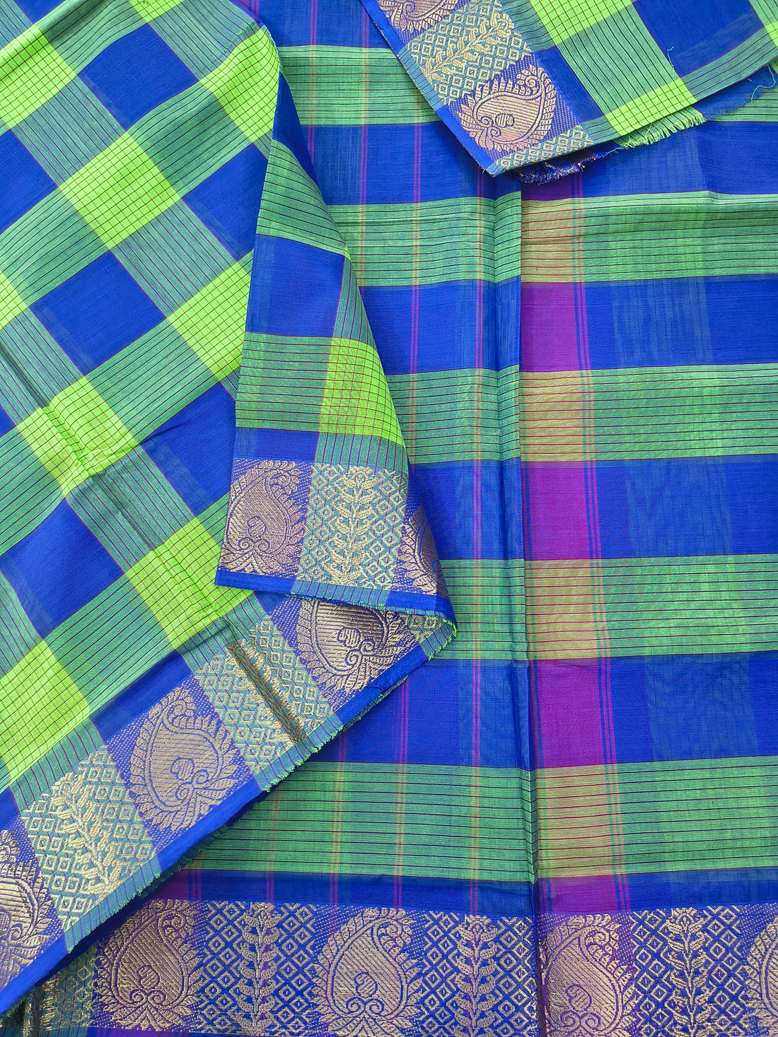 Kandangi Checks- Neon green with violet- KC143