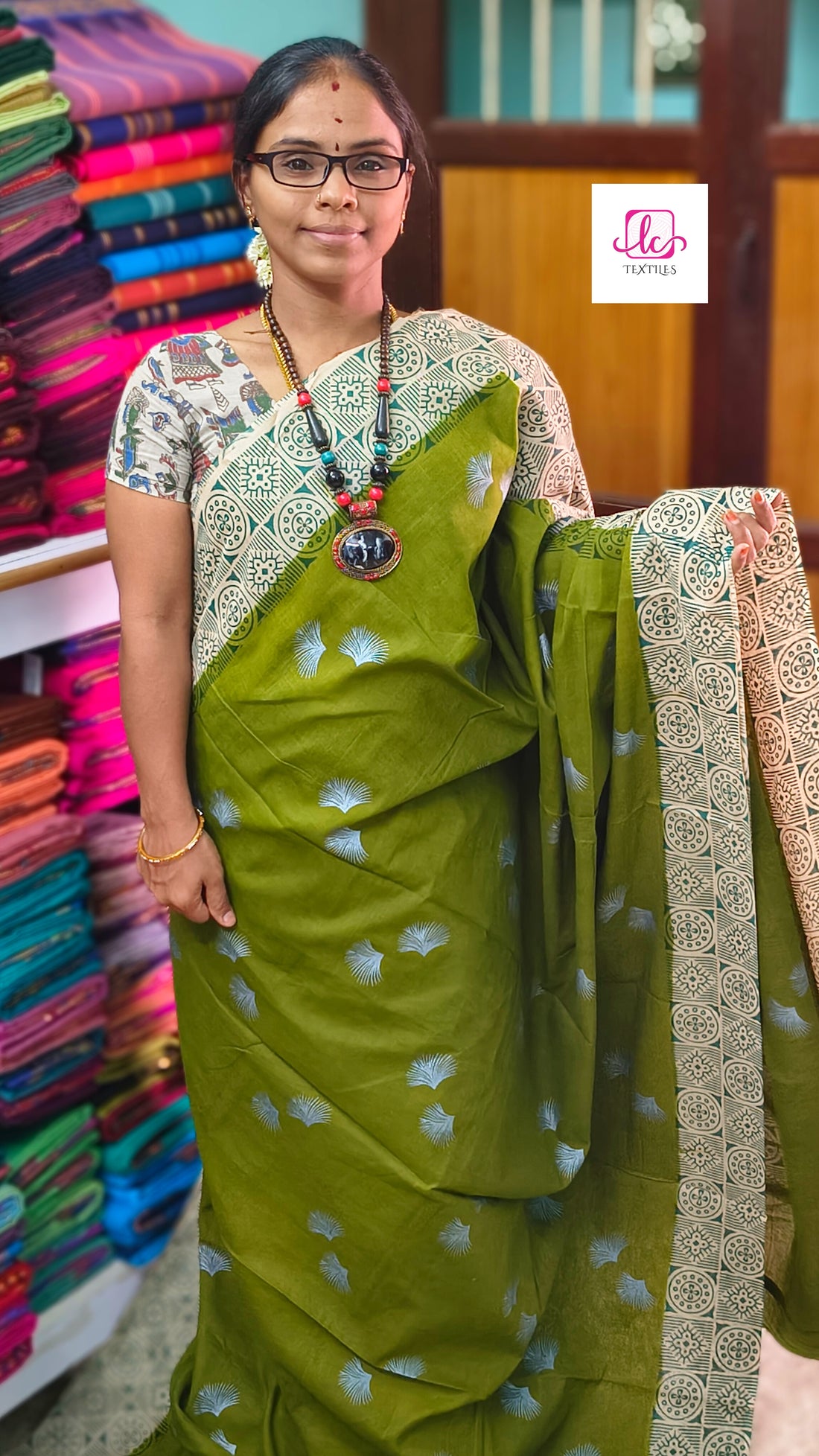 Madurai Sungudi Cotton -olive green- MS51