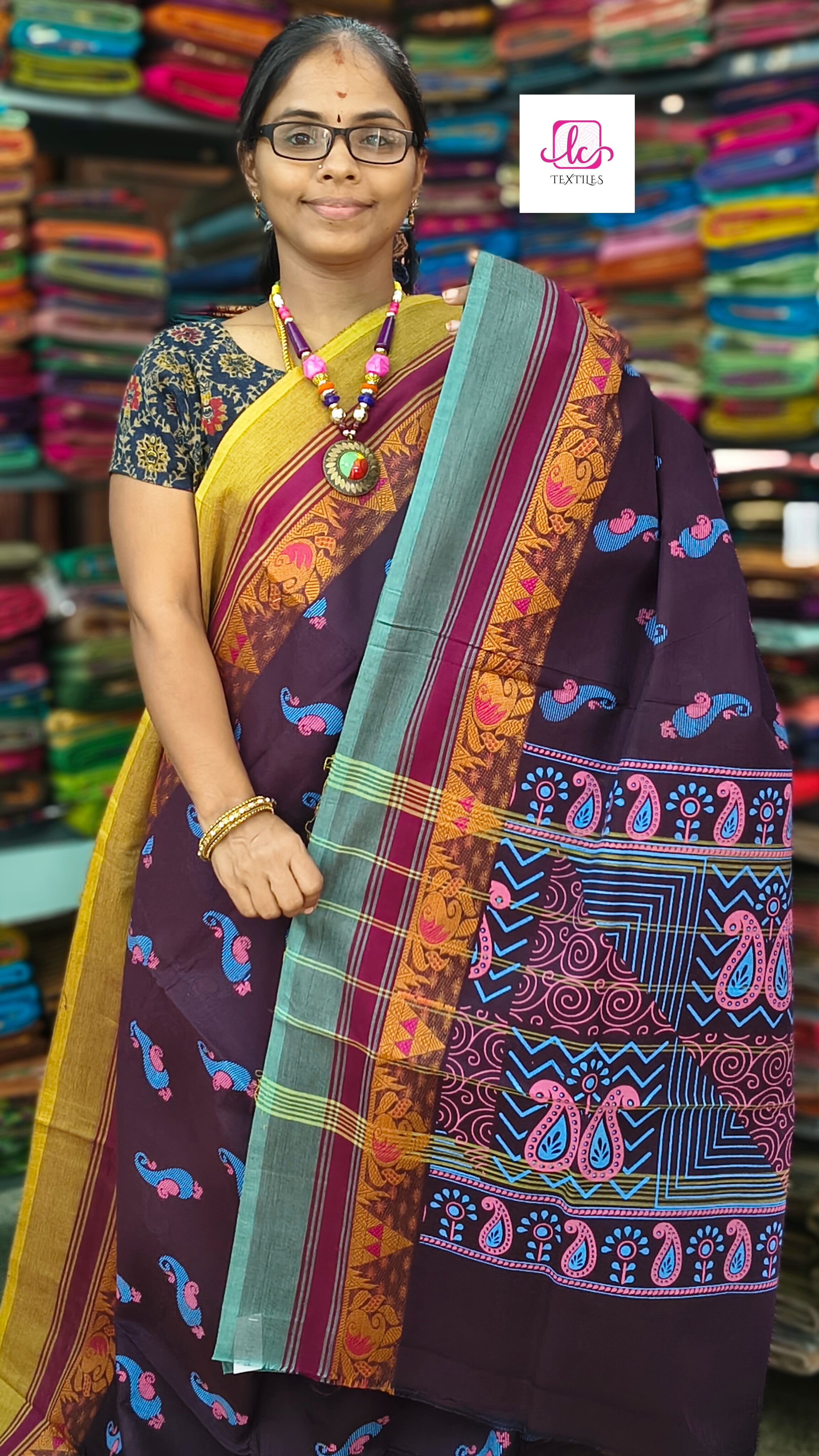 Chettinad Cotton - Printed - Blue mix brown - CPC28