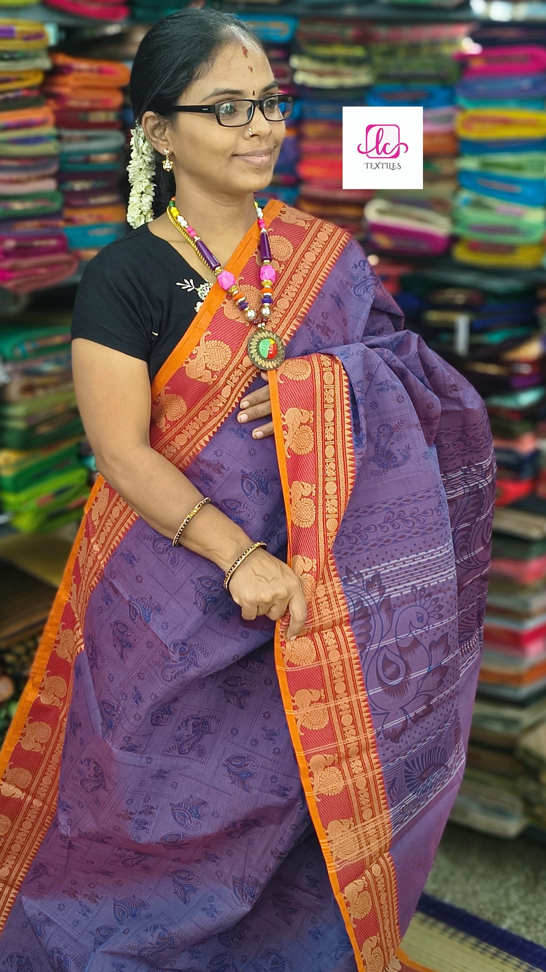 Chettinad Cotton - Printed -Blue mixed maroon dual tone-CPC25