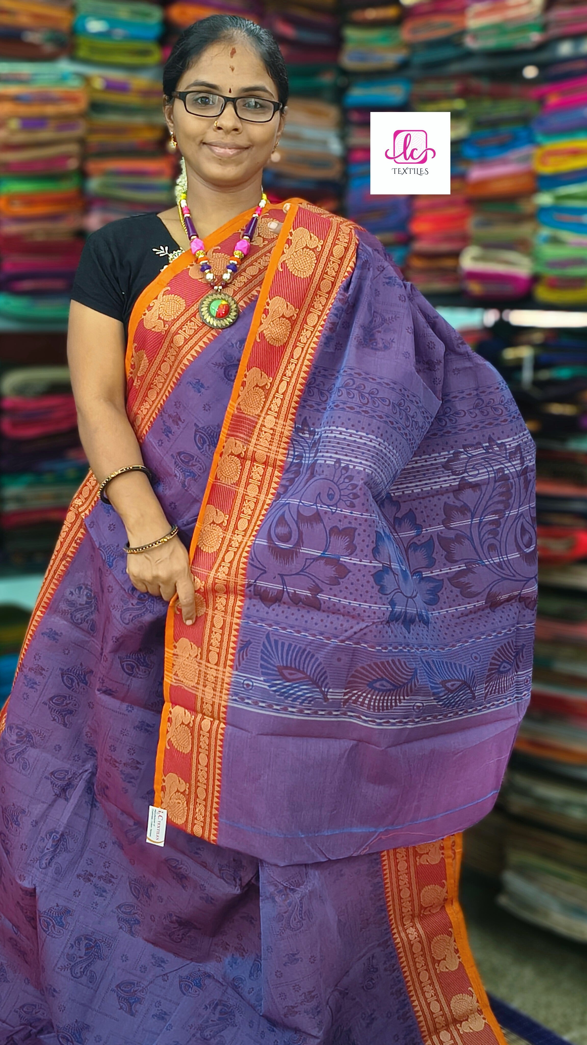 Chettinad Cotton - Printed -Blue mixed maroon dual tone-CPC25