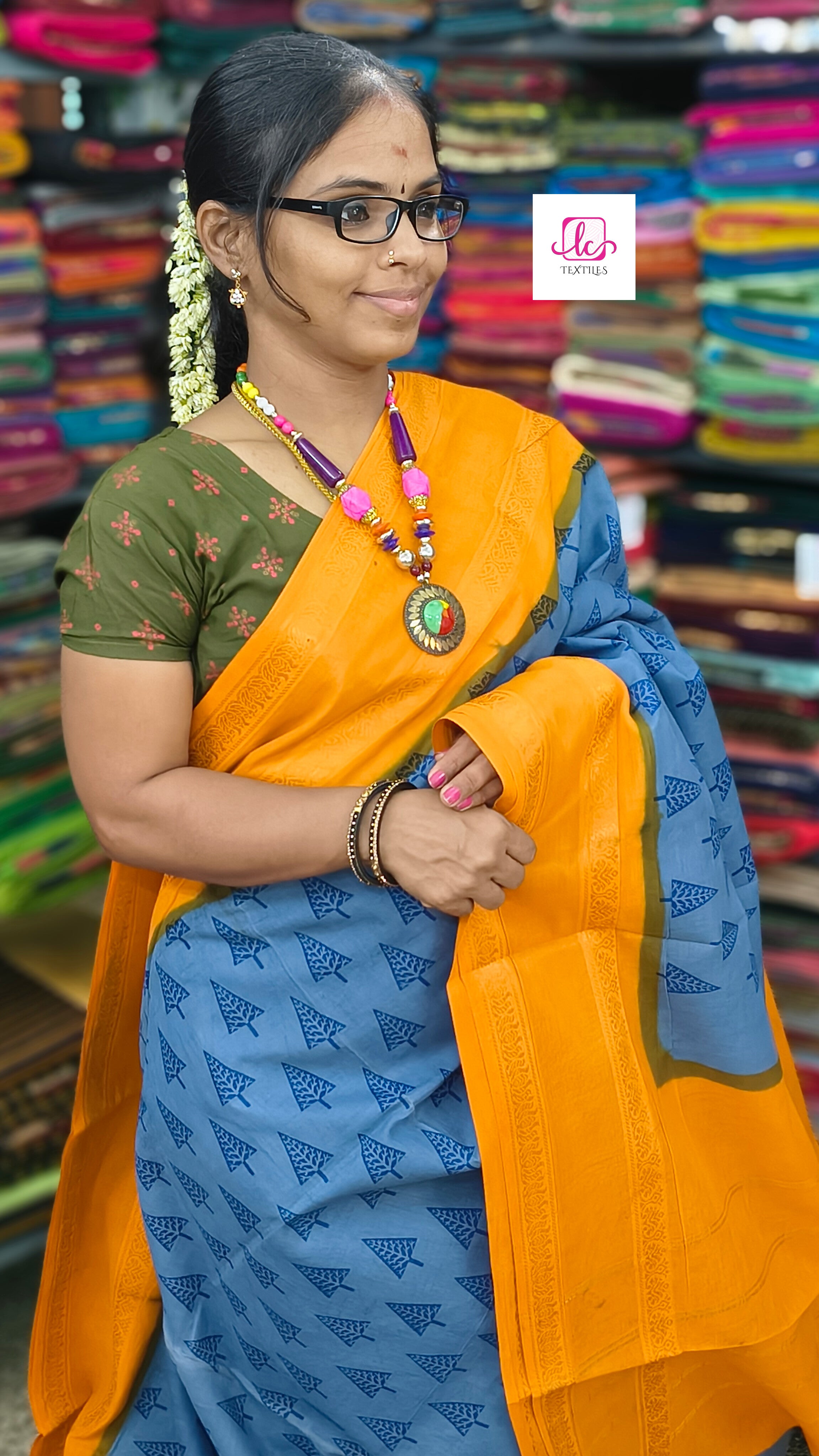 Madurai Sungudi Cotton - Bluish grey- MS57