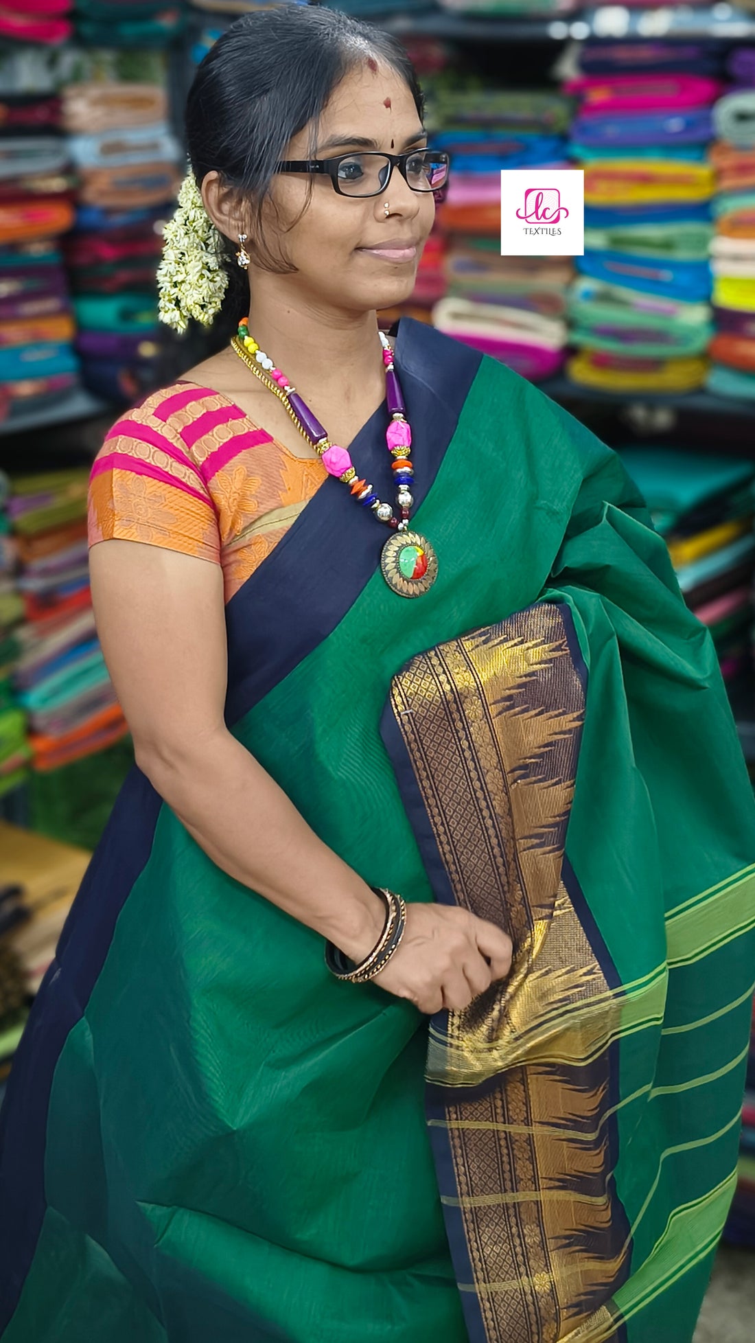 Kanchi Cotton - All Day Fusion -Parrot  Green mixed Navyl blue dual tone- KCAF50