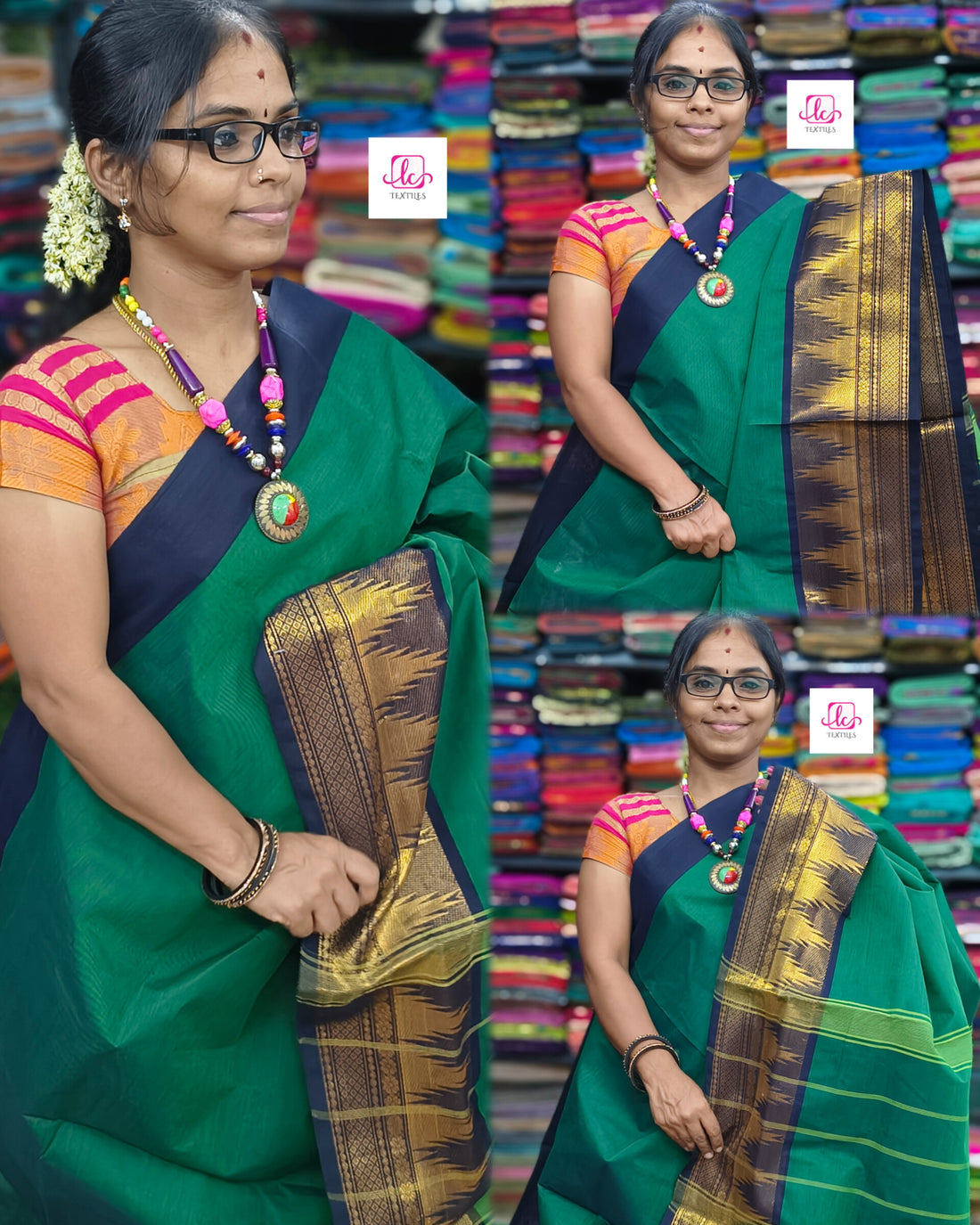 Kanchi Cotton - All Day Fusion -Parrot  Green mixed Navyl blue dual tone- KCAF50