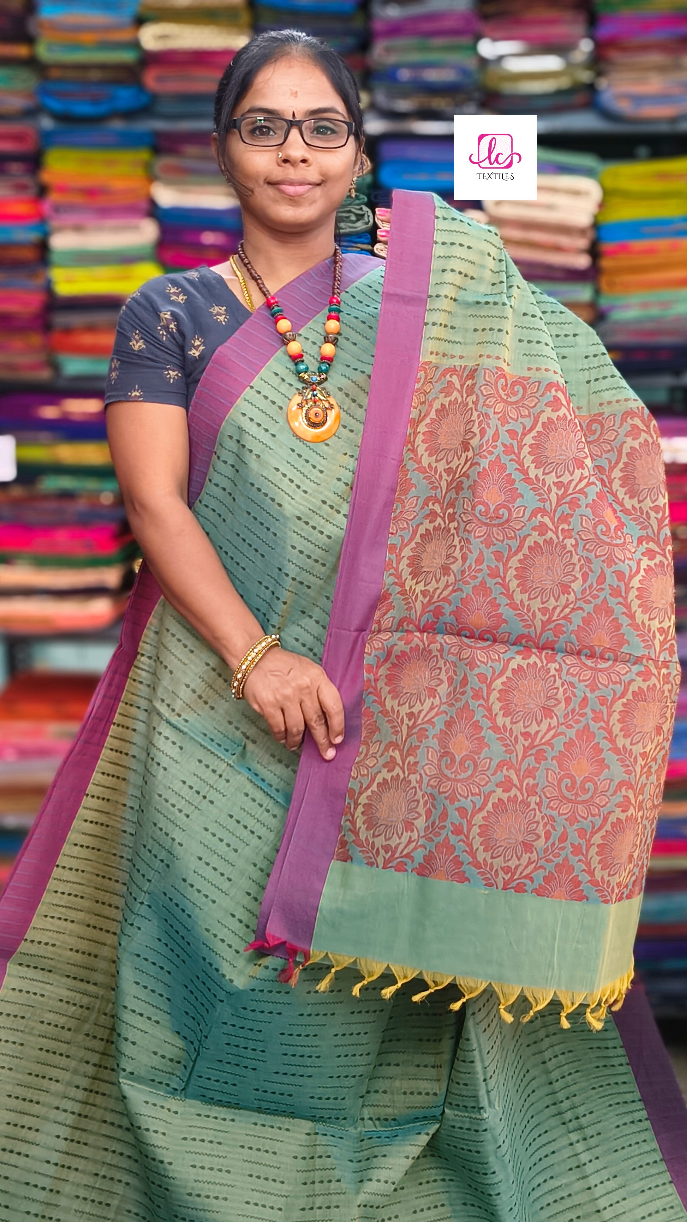 Negamam Cotton Saree - Mustard yellow mixed blue dual tone- NC49