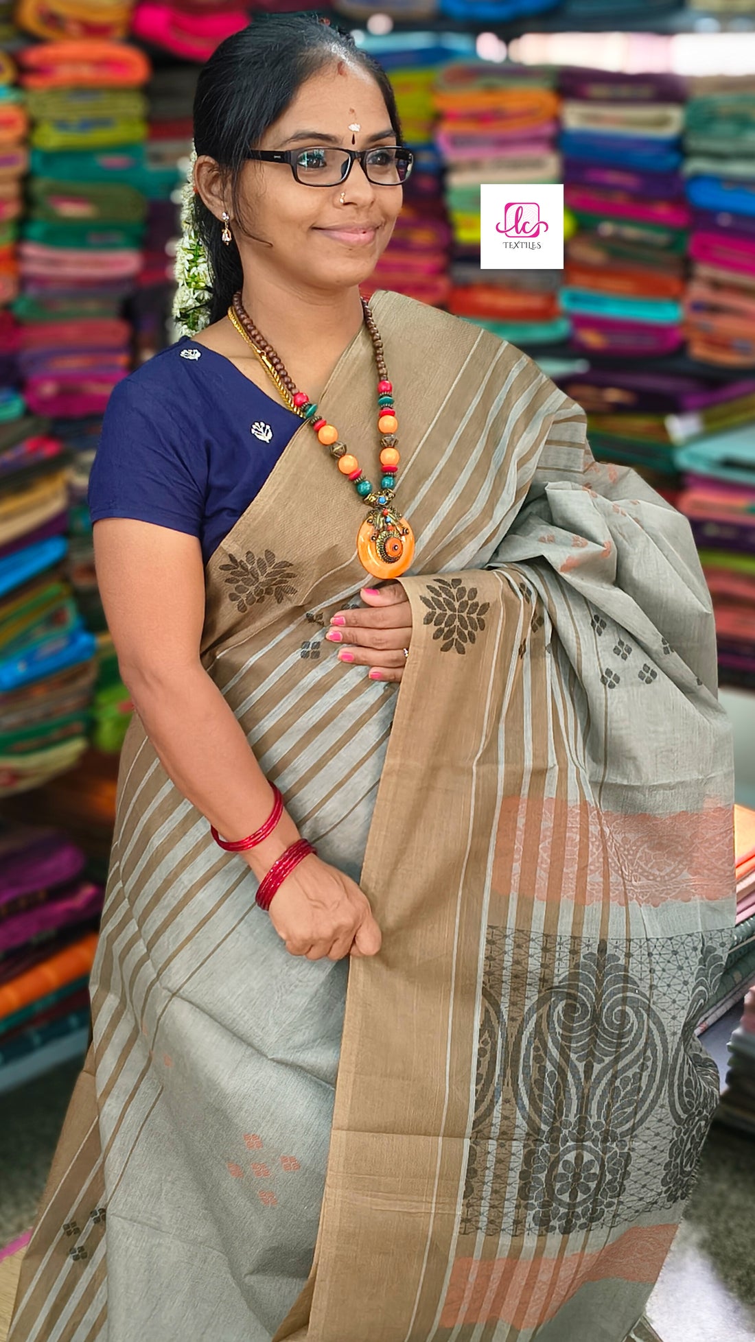 Negamam Cotton Saree - Green mixed grey- NC50