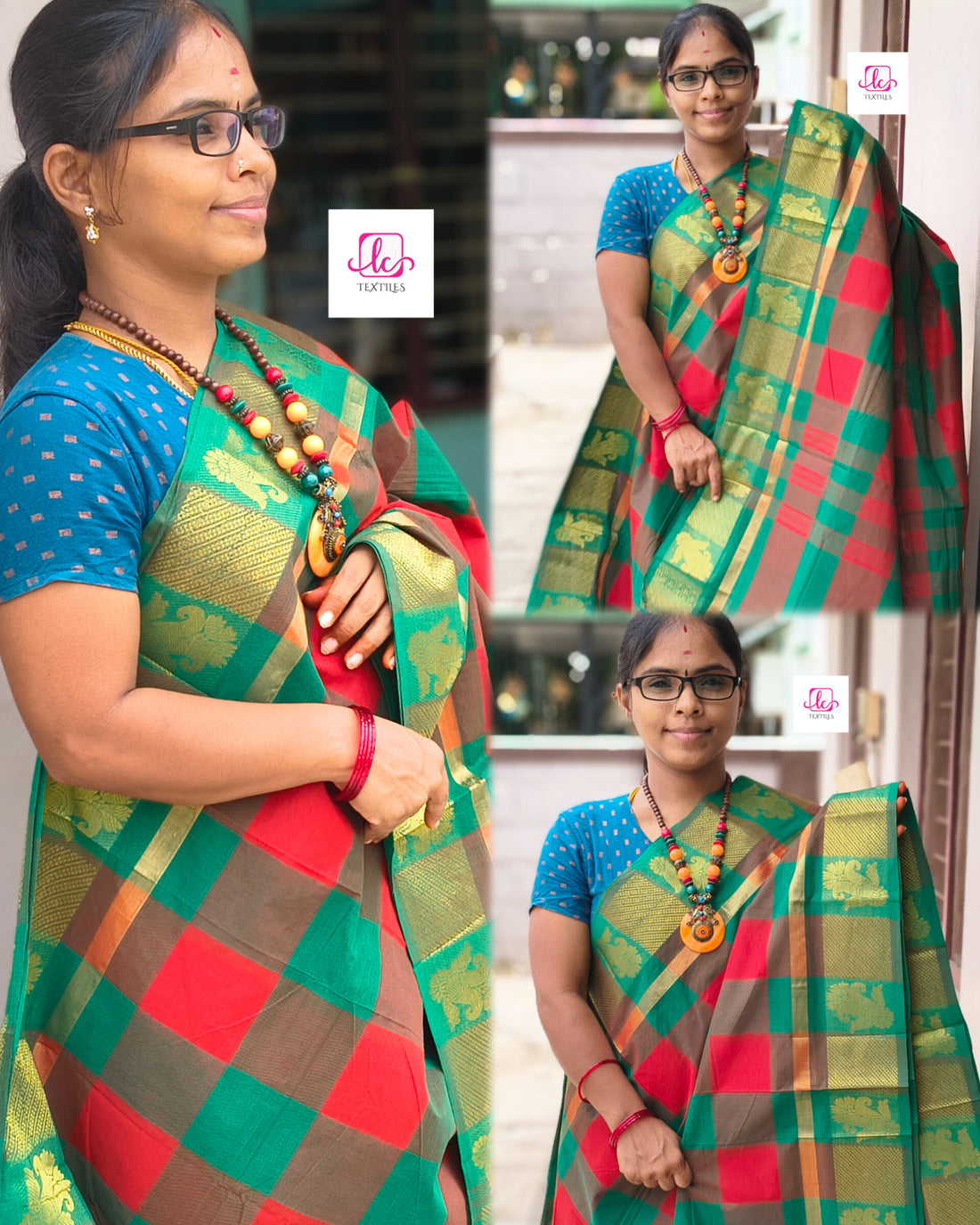 Kandangi Checks -Brick red with green-  - KC61