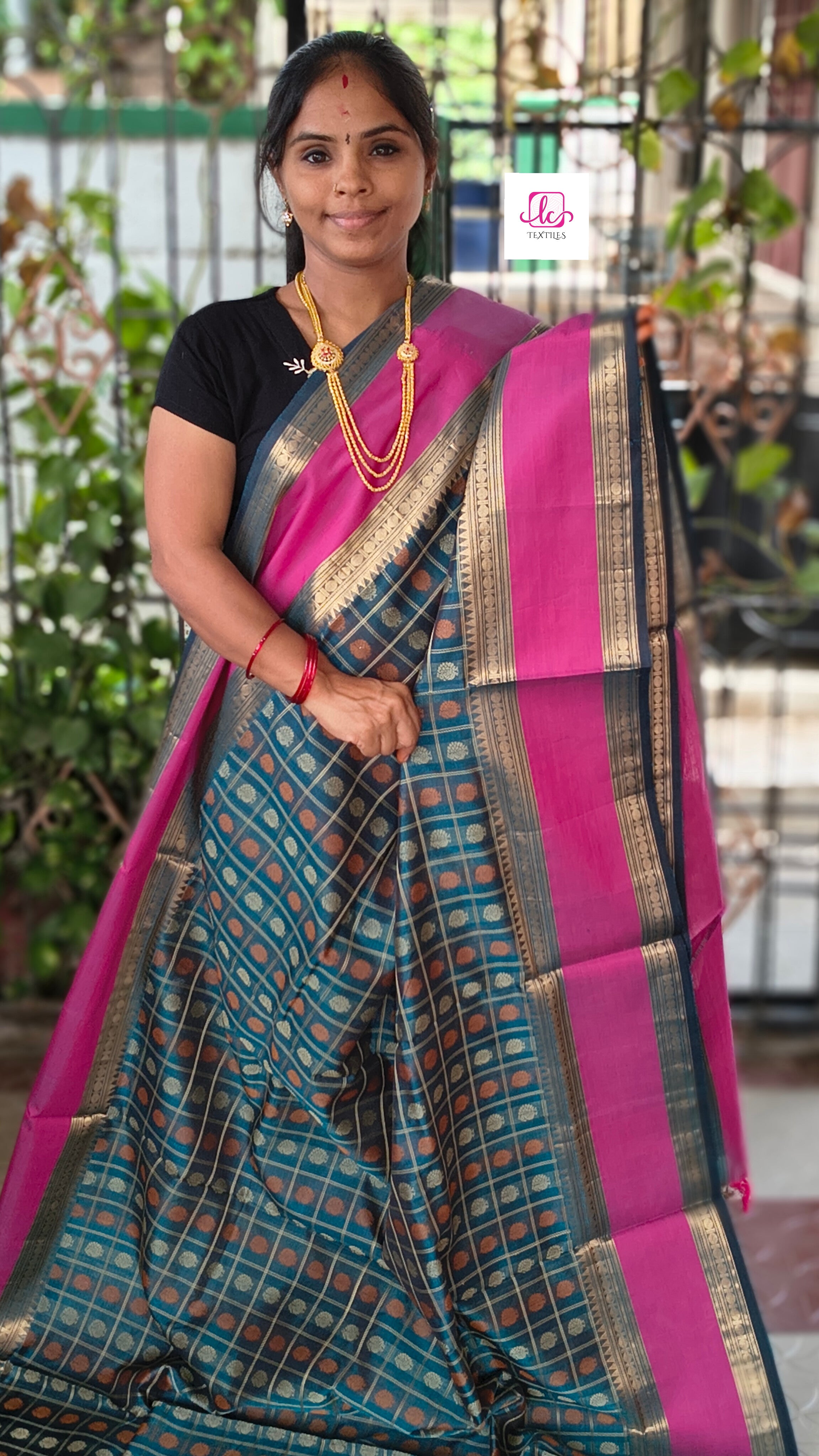 Handloom Kanchi Silk Cotton - 1000 Butta - Peacock Blue - HSC06