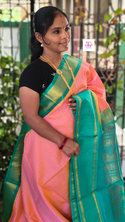 Handloom Kanchi  Silk Cotton -Korvai Checks-Peach- HSC58