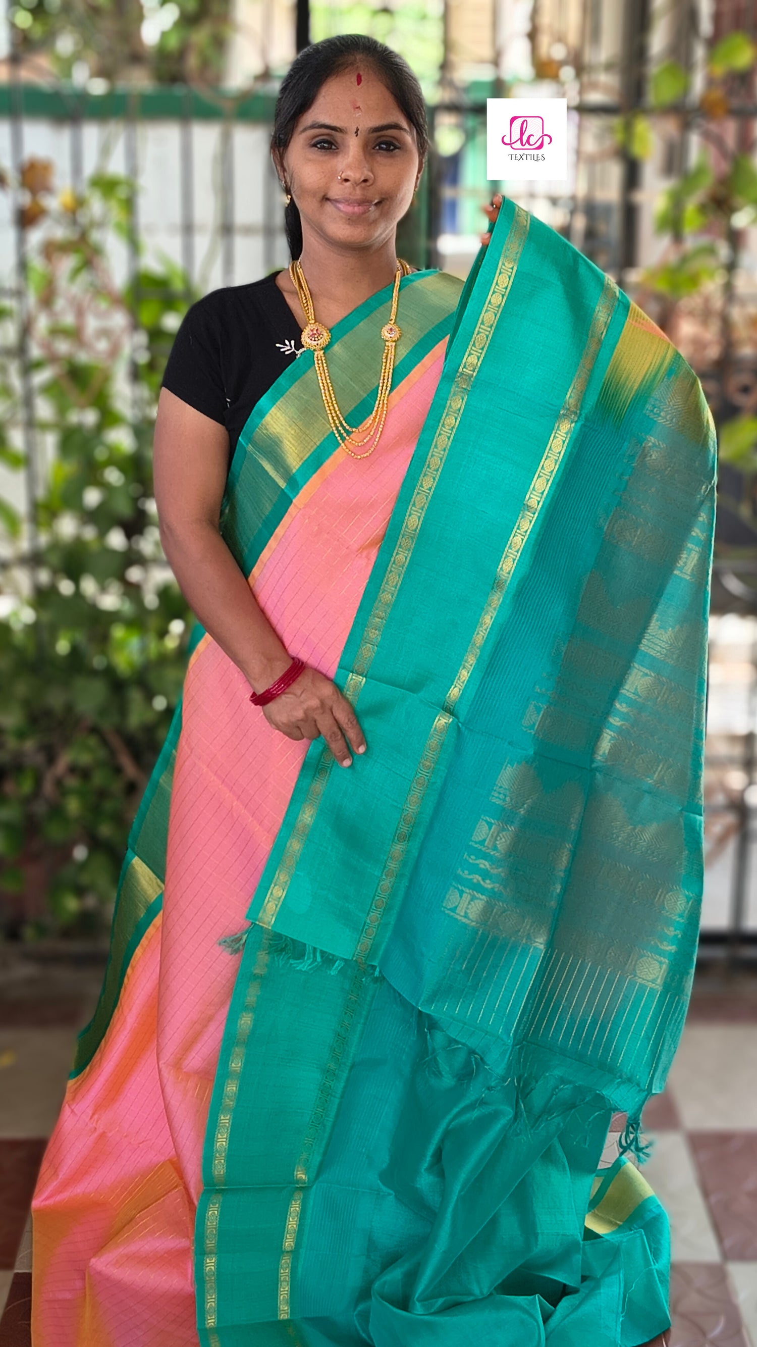 Handloom Kanchi  Silk Cotton -Korvai Checks-Peach- HSC58