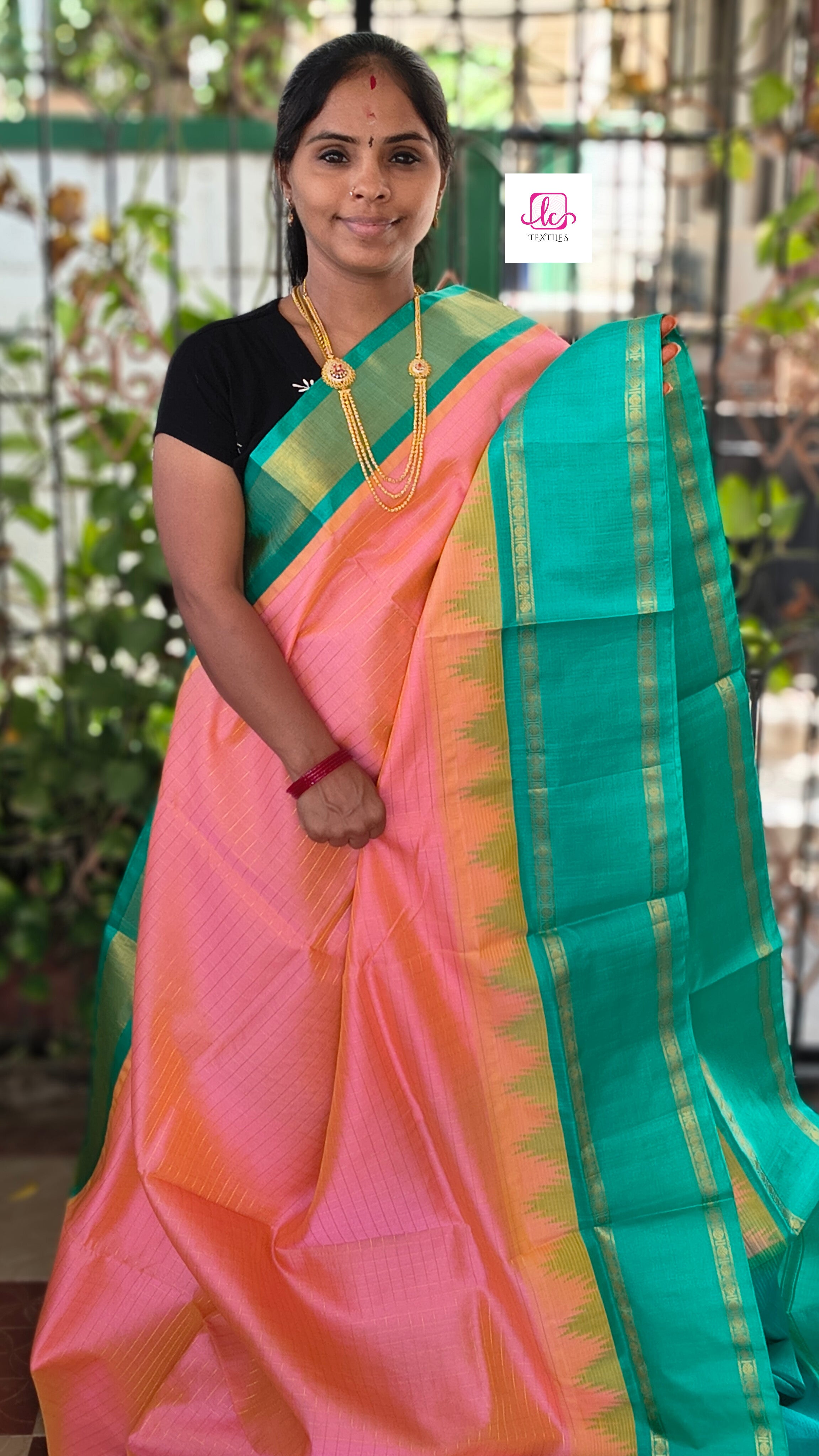 Handloom Kanchi  Silk Cotton -Korvai Checks-Peach- HSC58