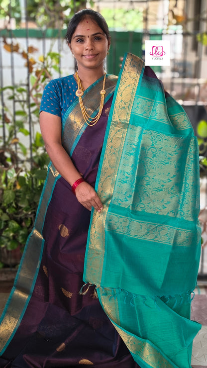 Handloom Kanchi  Silk Cotton -Korvai Butta-Navy Blue- HSC53