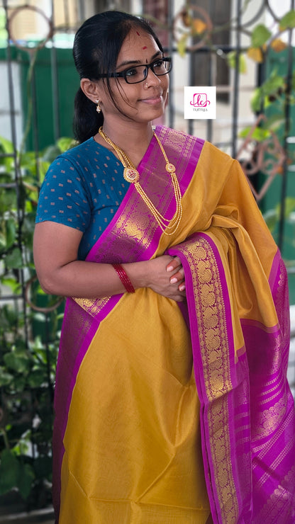 Handloom Kanchi  Silk Cotton -Korvai Plain-Mustard yellow- HSC63