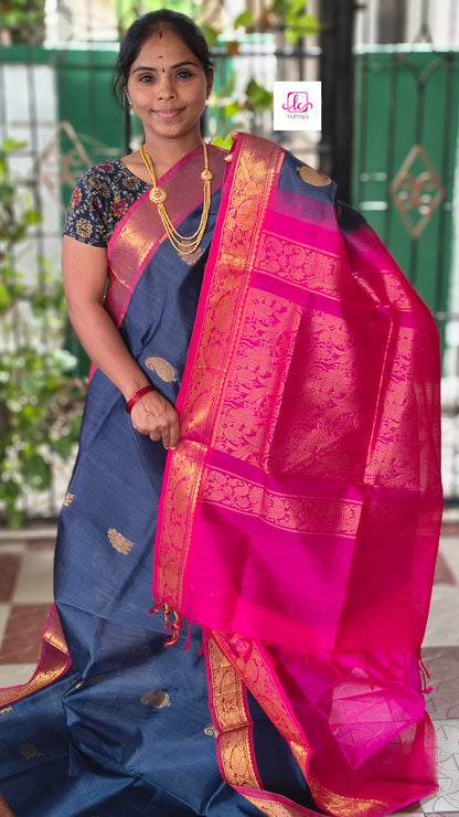 Handloom Kanci  Silk Cotton -Butta- Dark Blue Grey- HSC19
