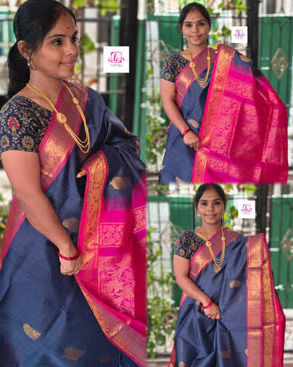 Handloom Kanci  Silk Cotton -Butta- Dark Blue Grey- HSC19