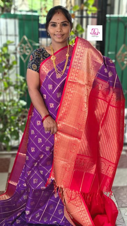 Handloom Kanchi  Silk Cotton -Checks Butta-Violet- HSC57