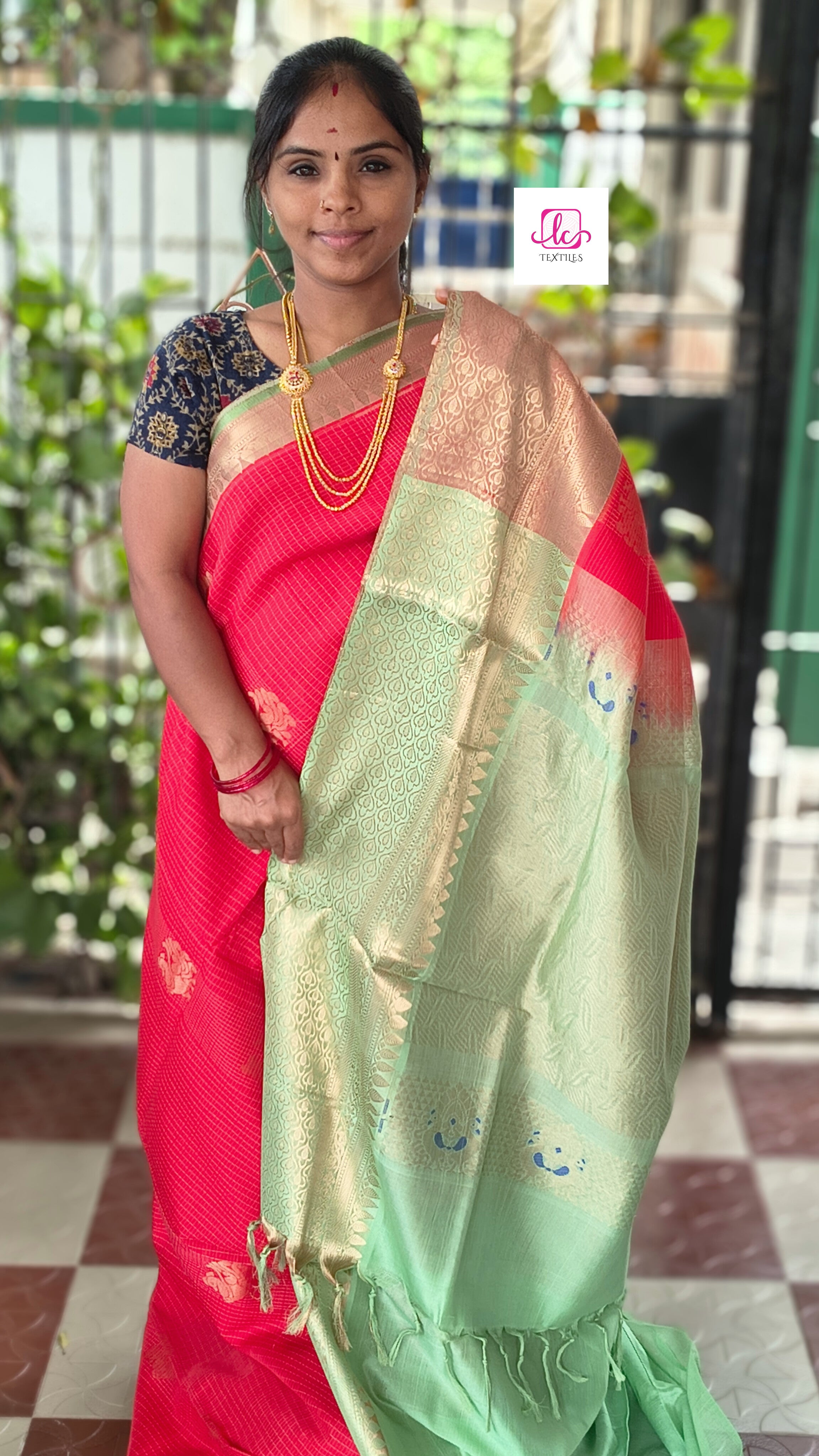 Handloom Kanchi  Silk Cotton -Small checks big butta-Red- HSC67