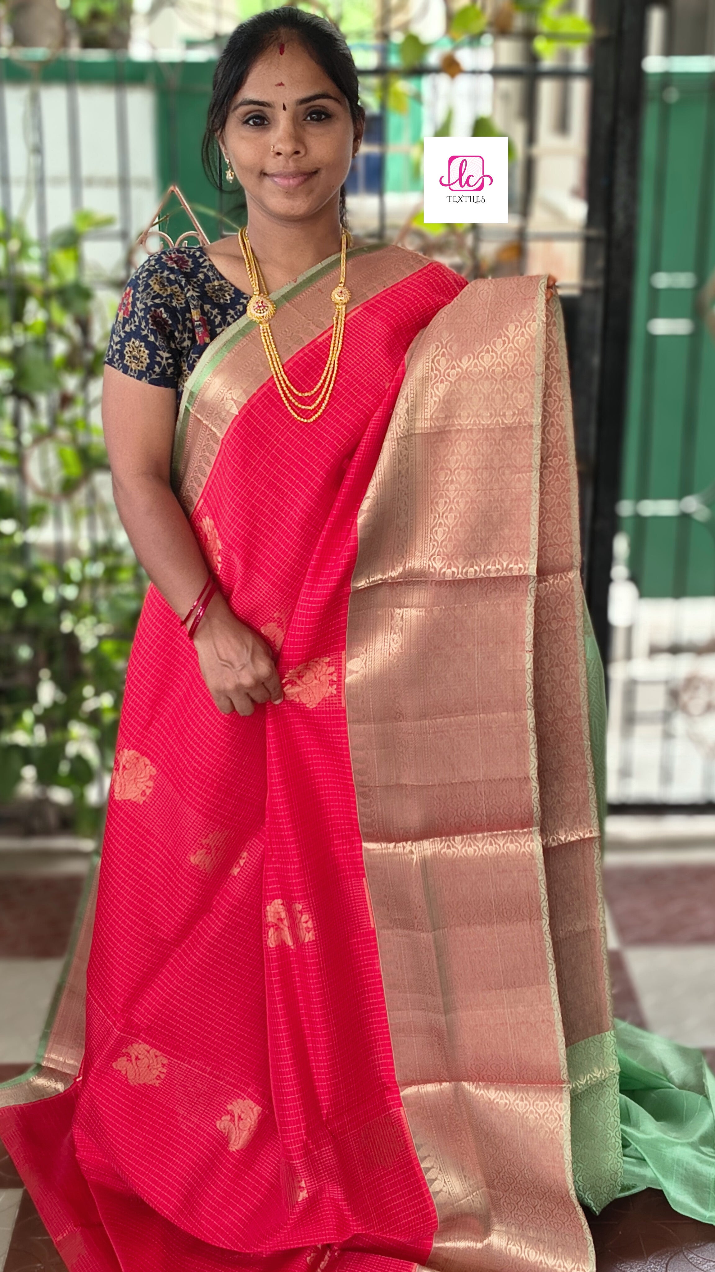 Handloom Kanchi  Silk Cotton -Small checks big butta-Red- HSC67