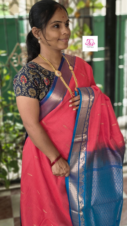 Handloom Kanchi  Silk Cotton - Butta-Red- HSC46