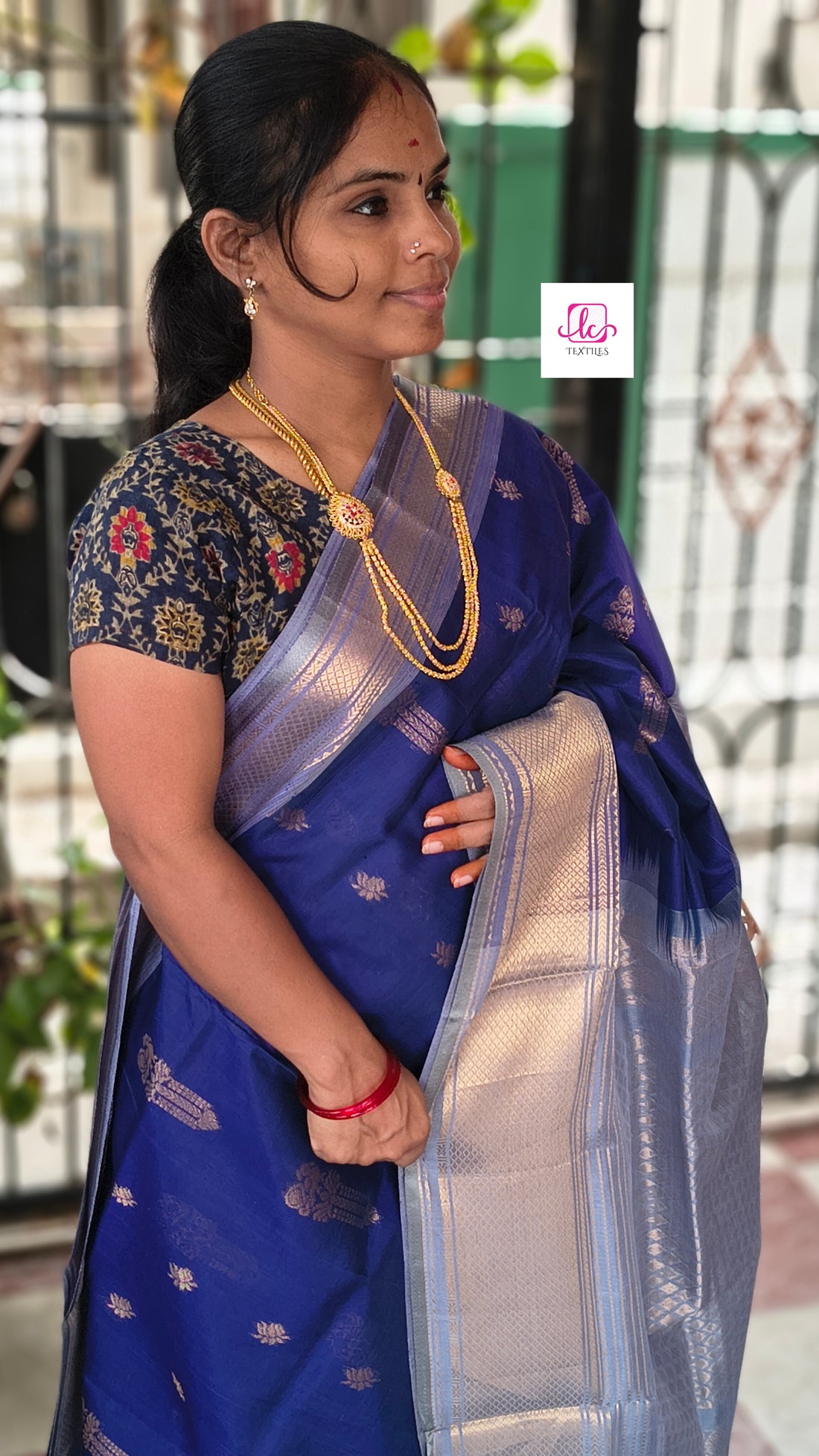 Handloom Kanchi  Silk Cotton - Butta-Blue- HSC48
