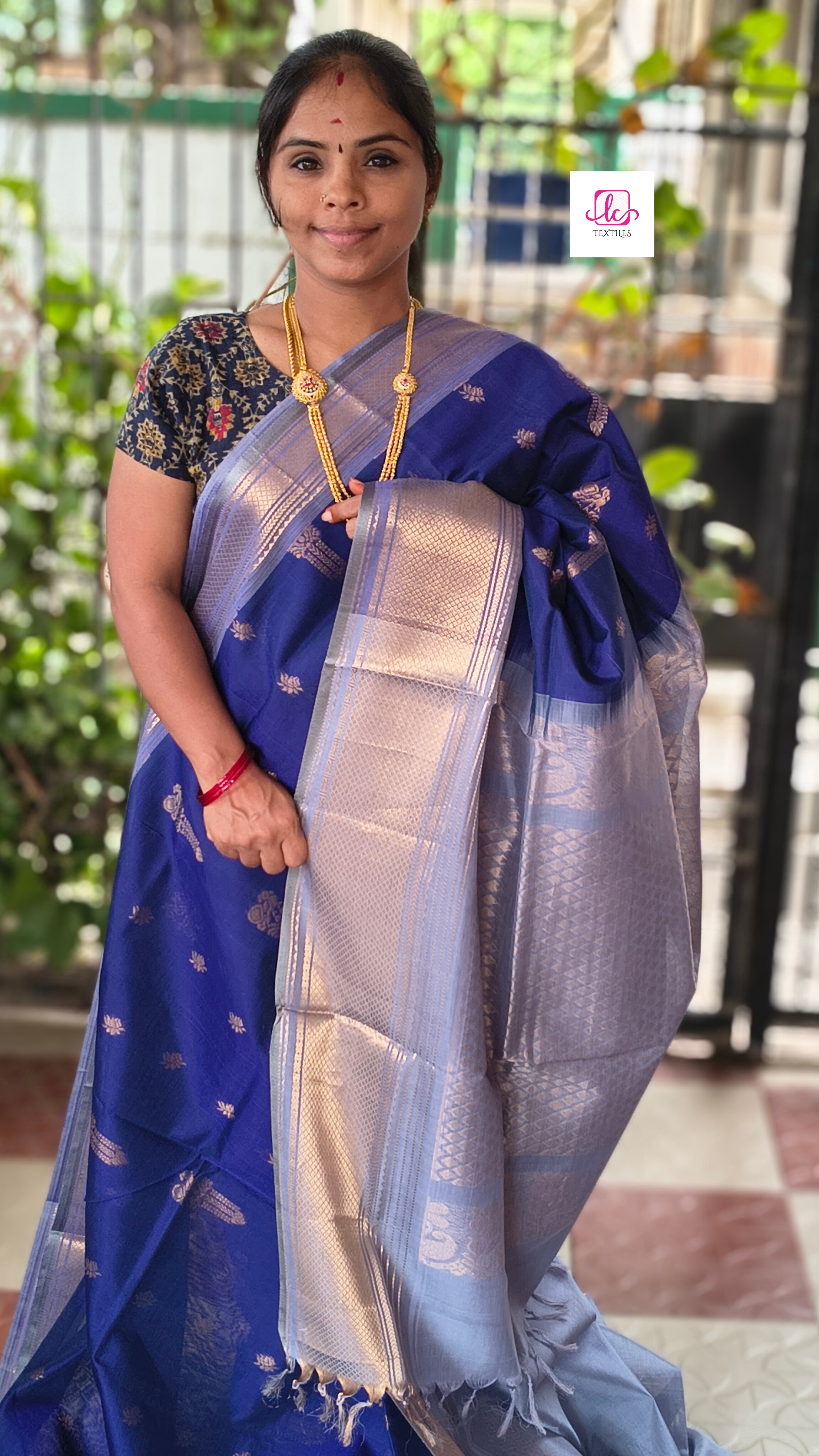 Handloom Kanchi  Silk Cotton - Butta-Blue- HSC48