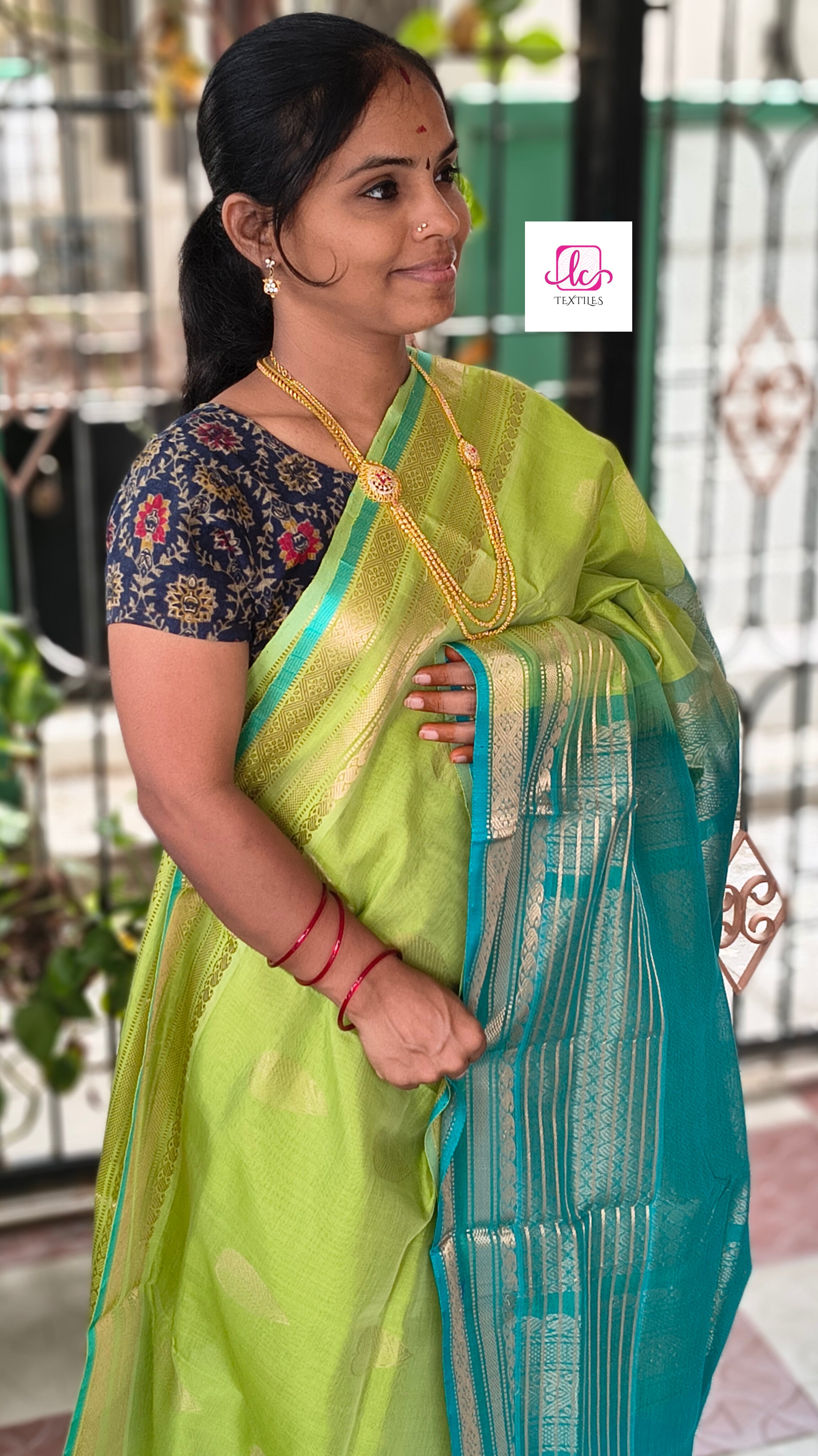 Handloom Kanchi  Silk Cotton - Butta - Lemon Green- HSC27