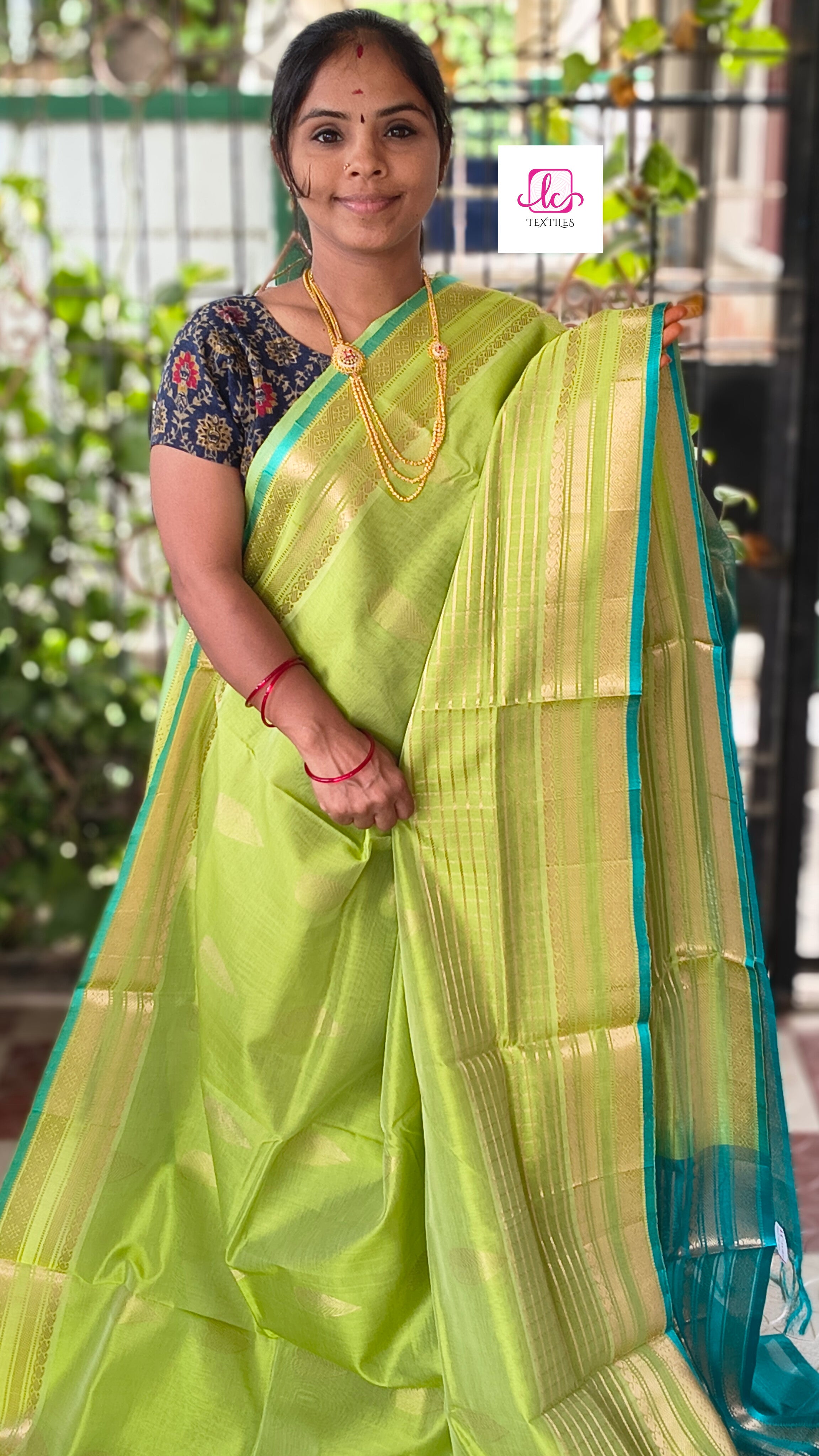 Handloom Kanchi  Silk Cotton - Butta - Lemon Green- HSC27