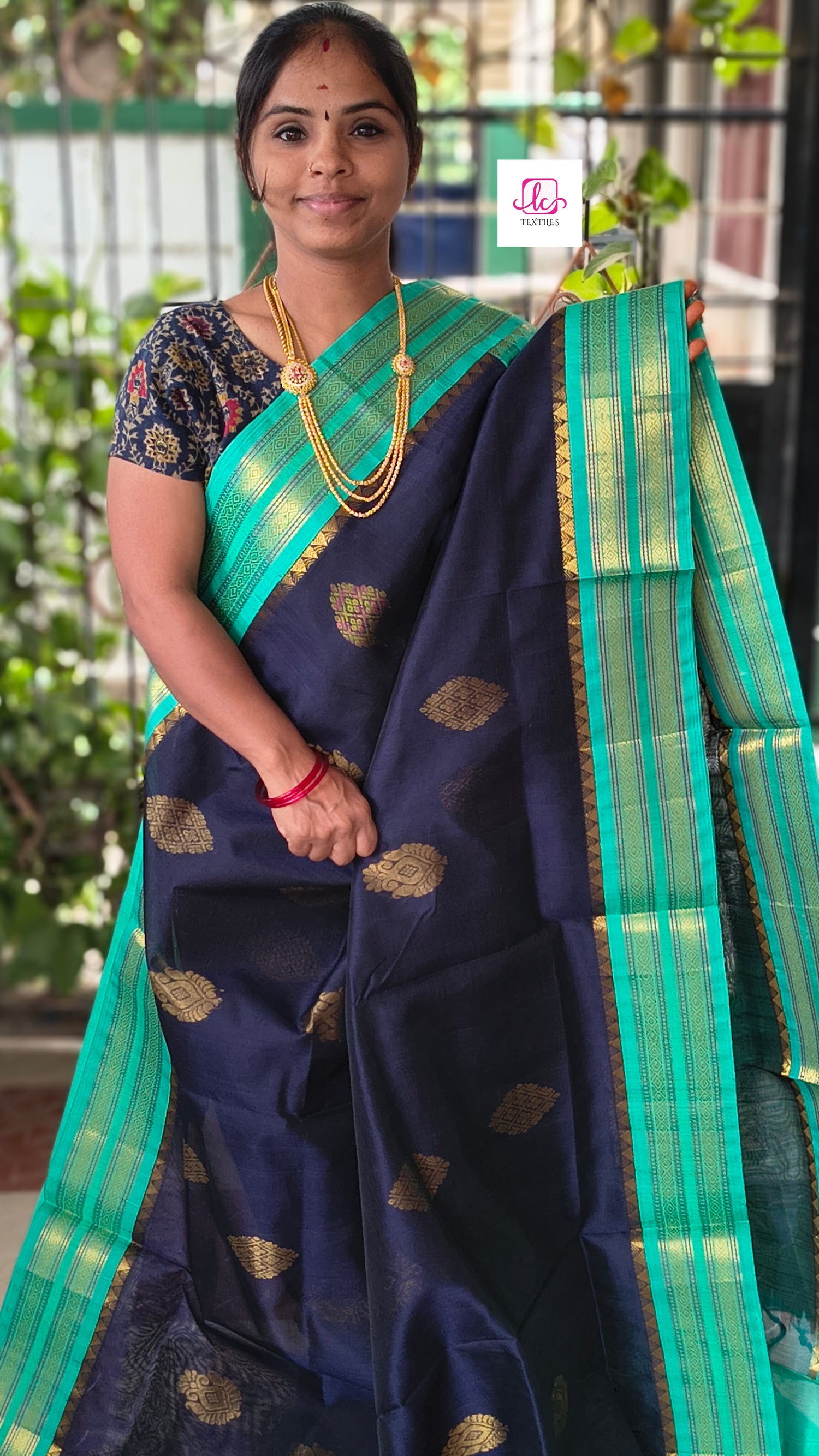 Handloom Kanchi  Silk Cotton -Butta -Dark Blue - HSC24