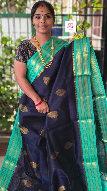 Handloom Kanchi  Silk Cotton -Butta -Dark Blue - HSC24