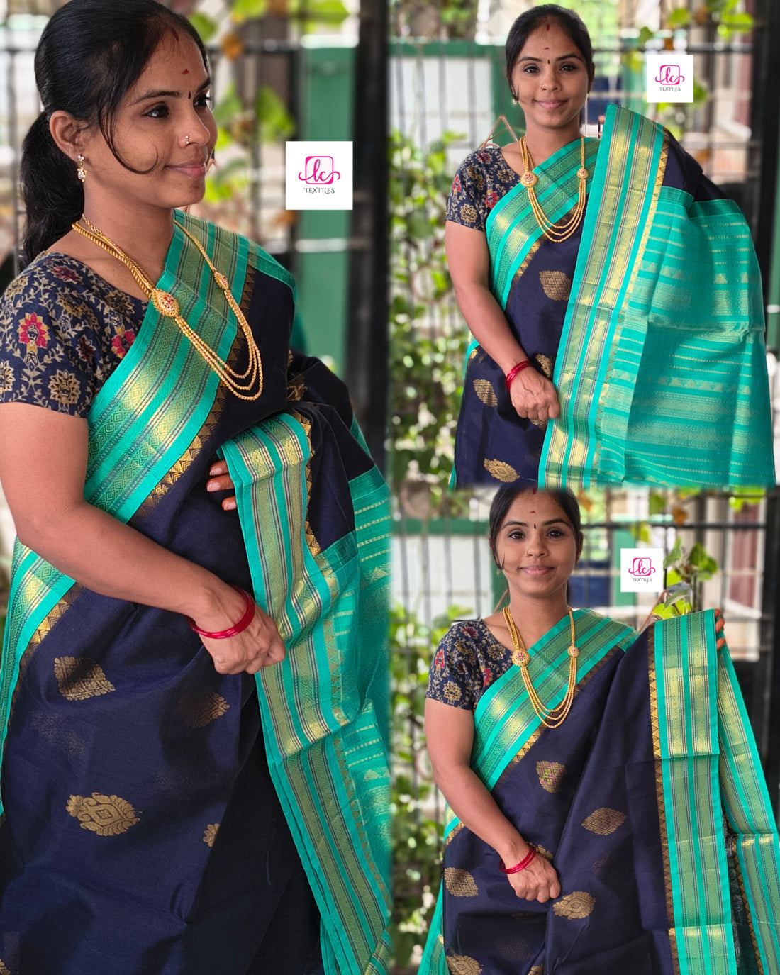 Handloom Kanchi  Silk Cotton -Butta -Dark Blue - HSC24