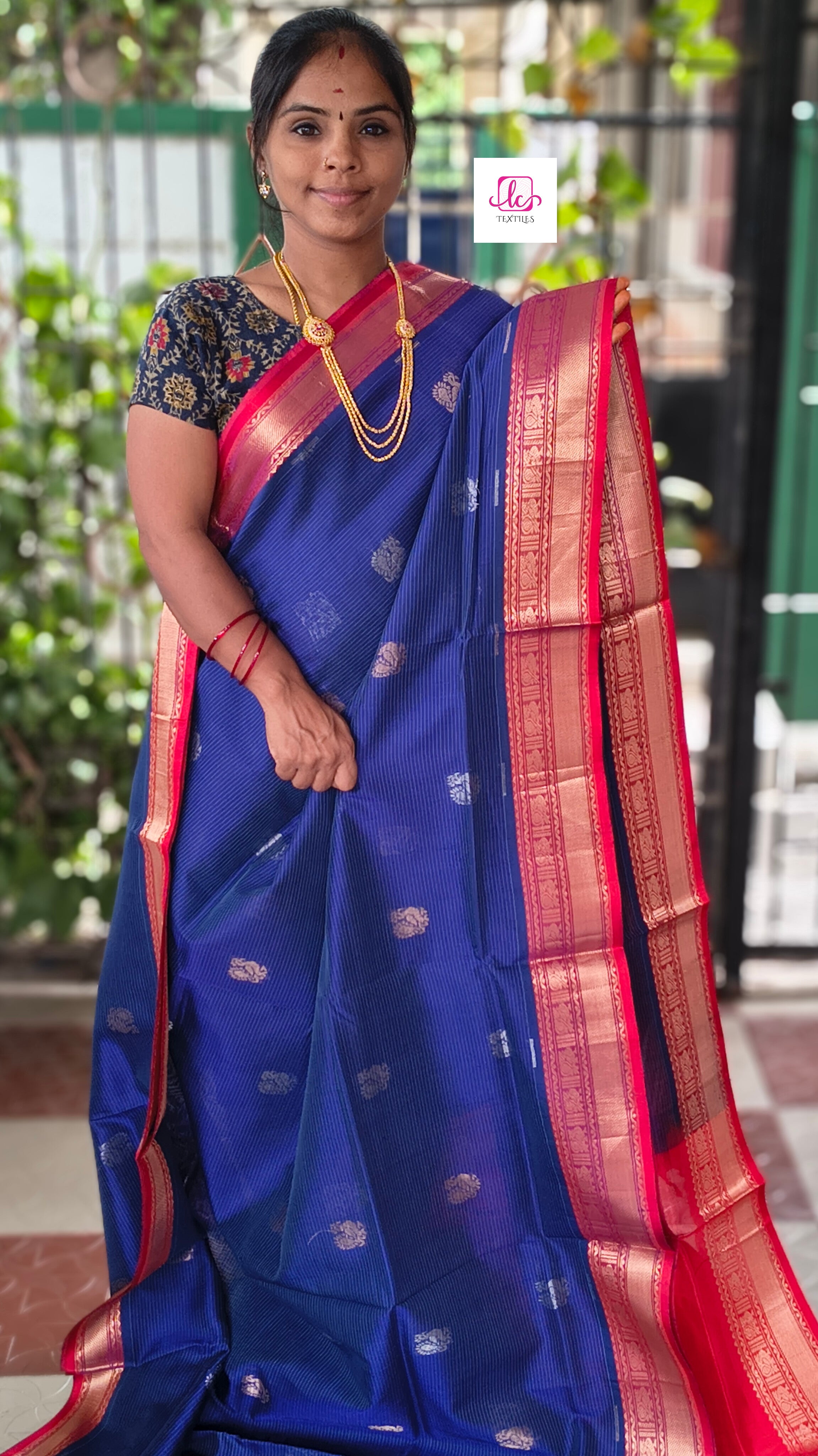 Handloom Kanchi Silk Cotton -Butta-Blue -HSC17