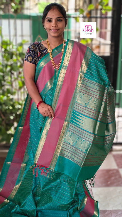 Handloom Kanchi  Silk Cotton - Laksha deepam - Rama Green- HSC38