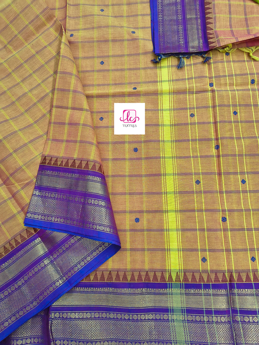 Kandangi Korvai Checks Butta-Lemon yellow mixed pink dual tone- KKCB71