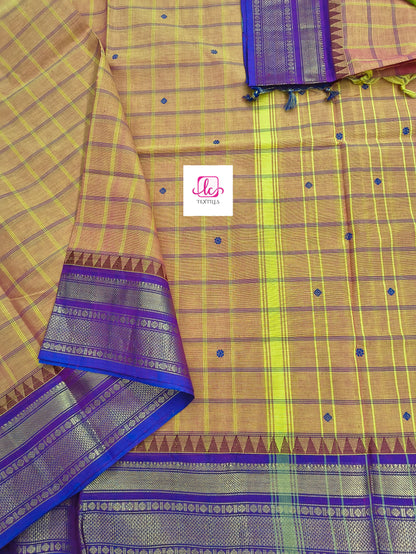 Kandangi Korvai Checks Butta-Lemon yellow mixed pink dual tone- KKCB71