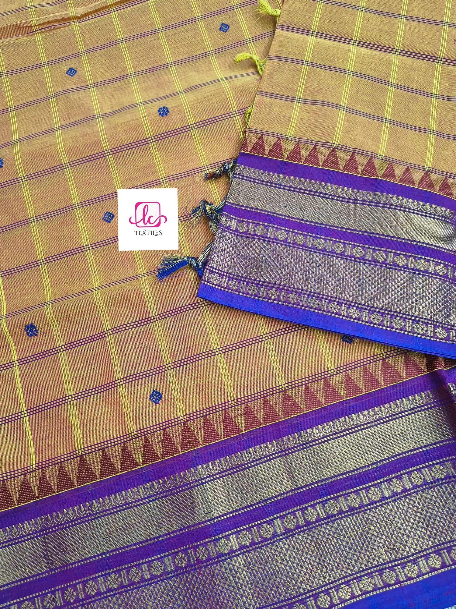 Kandangi Korvai Checks Butta-Lemon yellow mixed pink dual tone- KKCB71