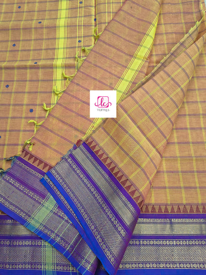 Kandangi Korvai Checks Butta-Lemon yellow mixed pink dual tone- KKCB71