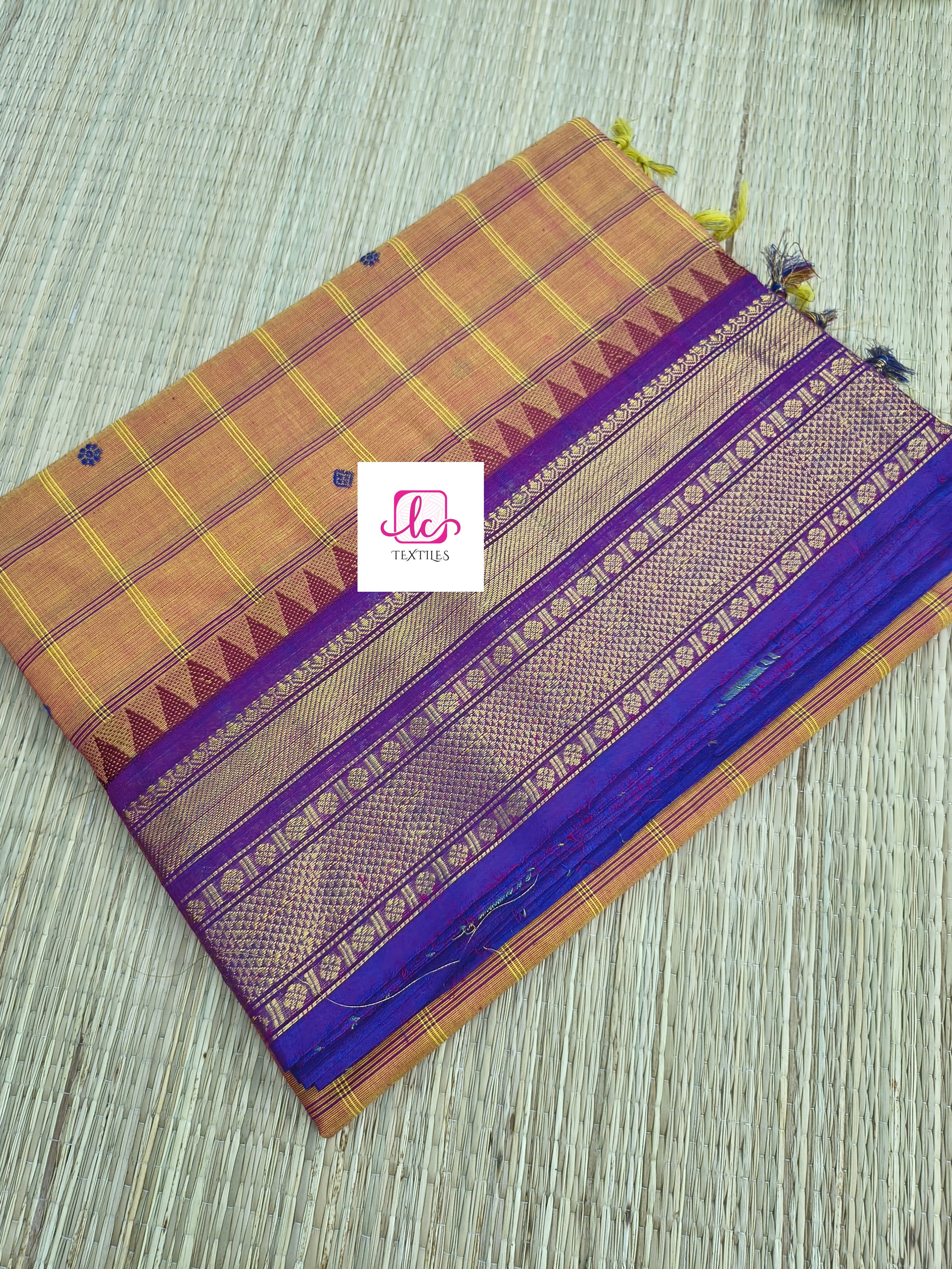 Kandangi Korvai Checks Butta-Lemon yellow mixed pink dual tone- KKCB71