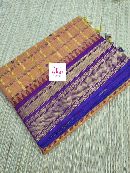 Kandangi Korvai Checks Butta-Lemon yellow mixed pink dual tone- KKCB71