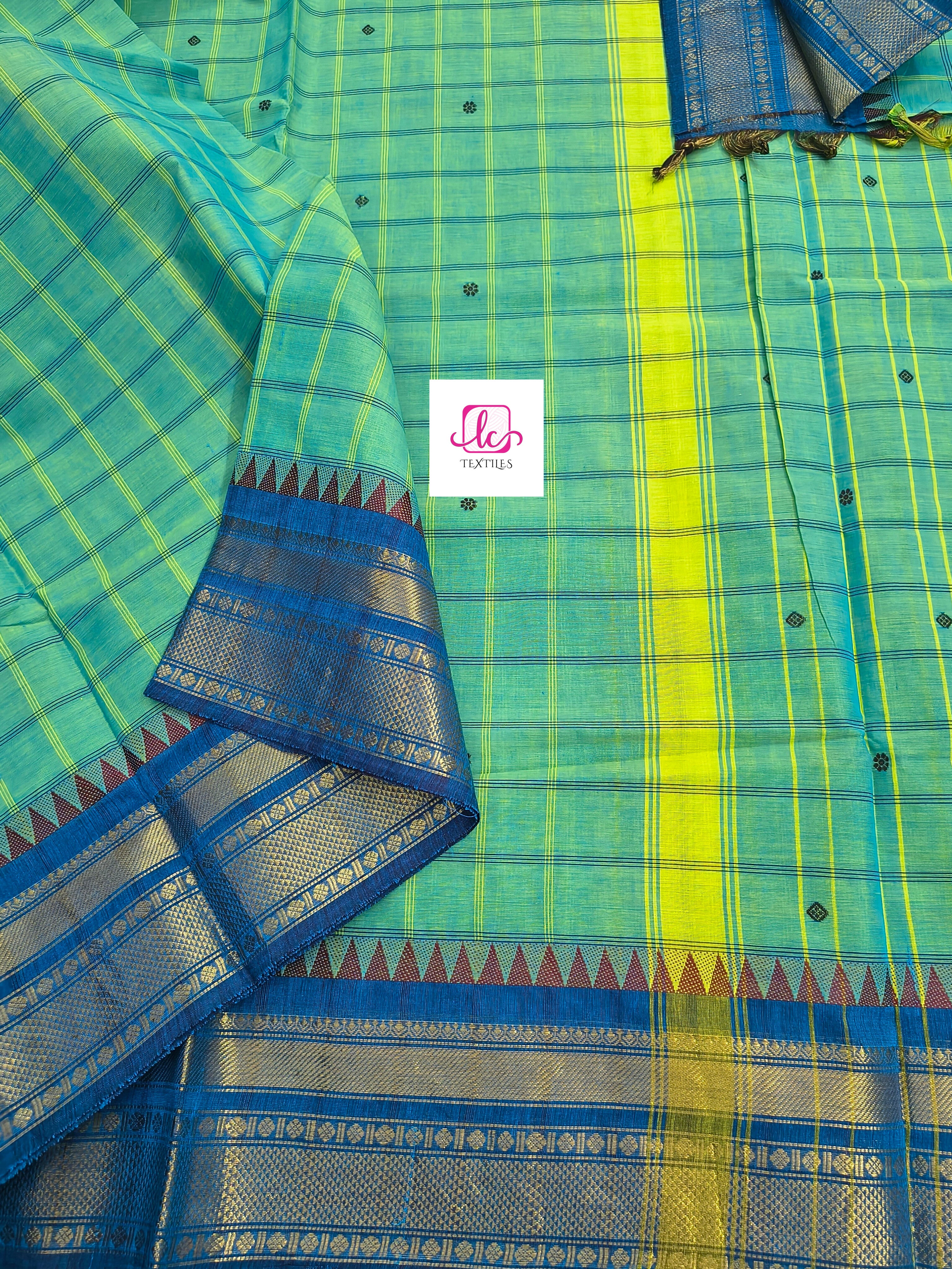 Kandangi Korvai Checks Butta-Lemon yellow mixed blue dual tone- KKCB72