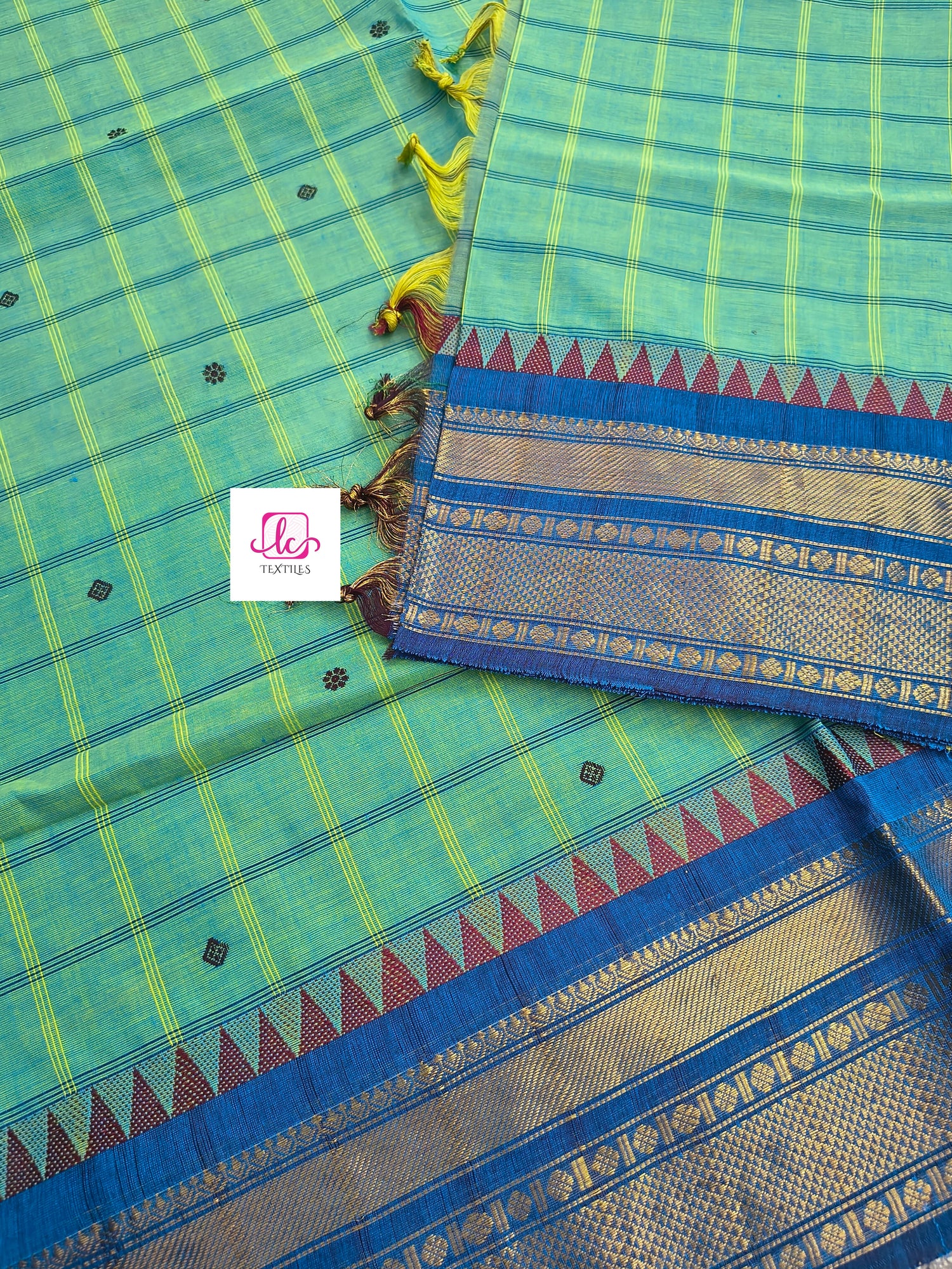 Kandangi Korvai Checks Butta-Lemon yellow mixed blue dual tone- KKCB72