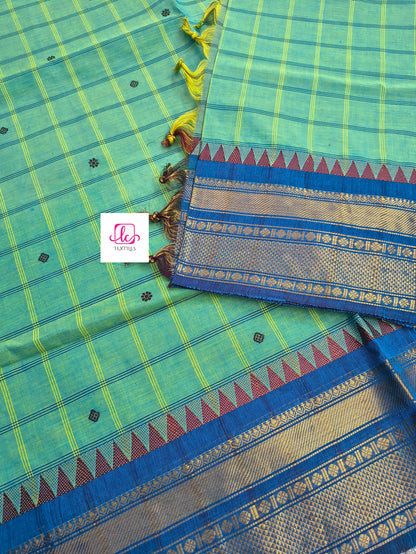 Kandangi Korvai Checks Butta-Lemon yellow mixed blue dual tone- KKCB72