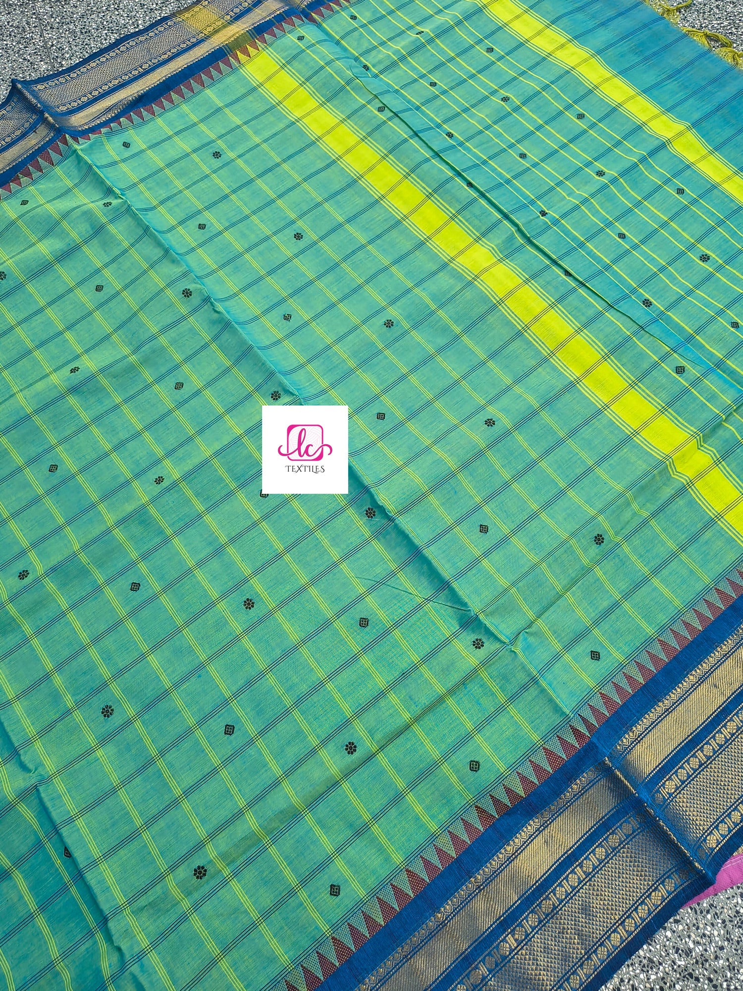 Kandangi Korvai Checks Butta-Lemon yellow mixed blue dual tone- KKCB72