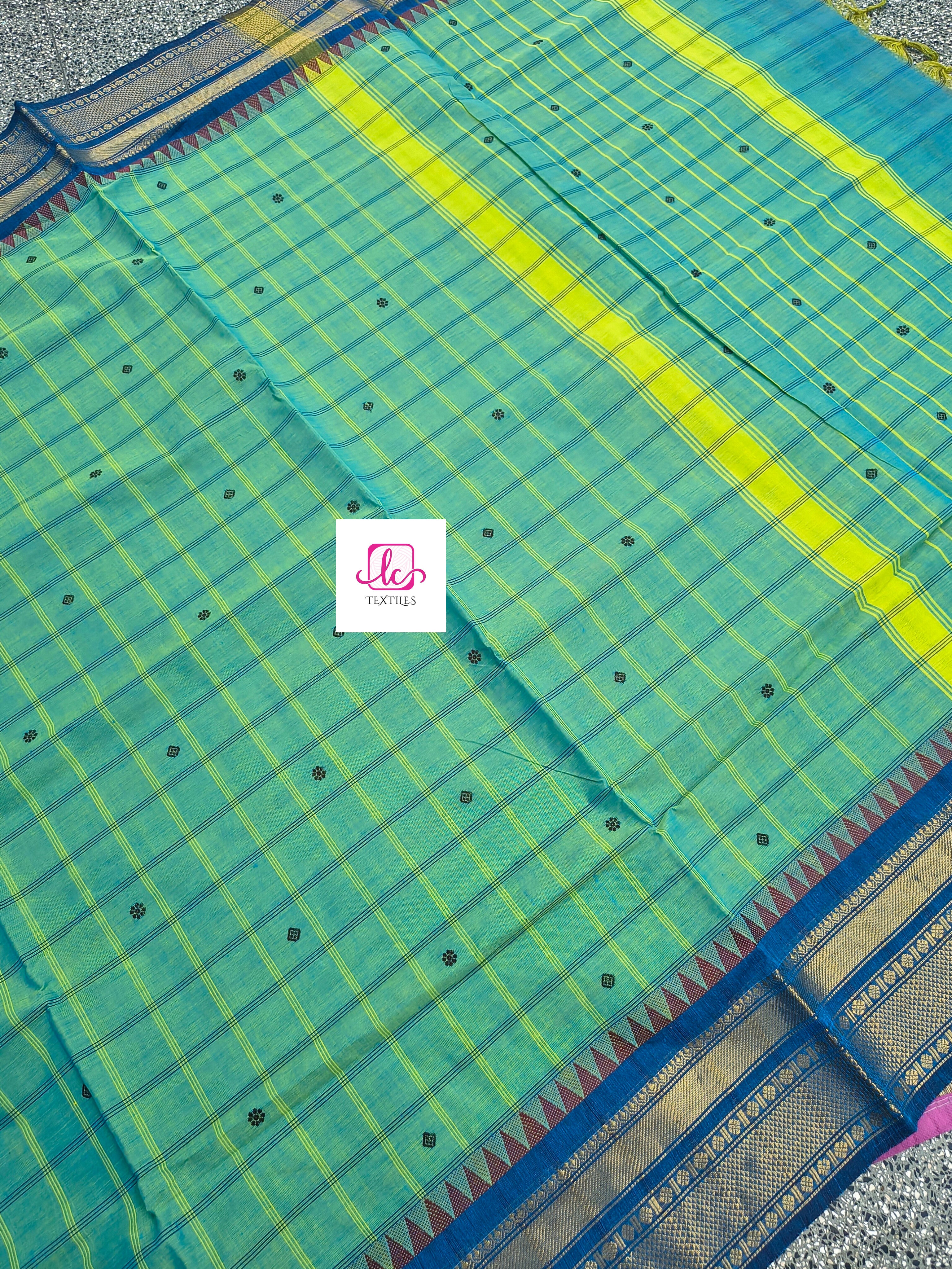 Kandangi Korvai Checks Butta-Lemon yellow mixed blue dual tone- KKCB72