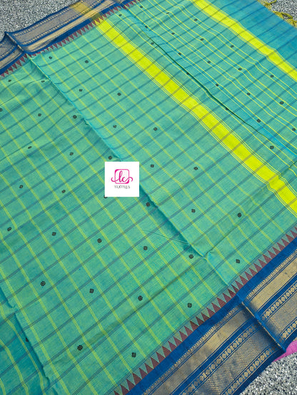 Kandangi Korvai Checks Butta-Lemon yellow mixed blue dual tone- KKCB72